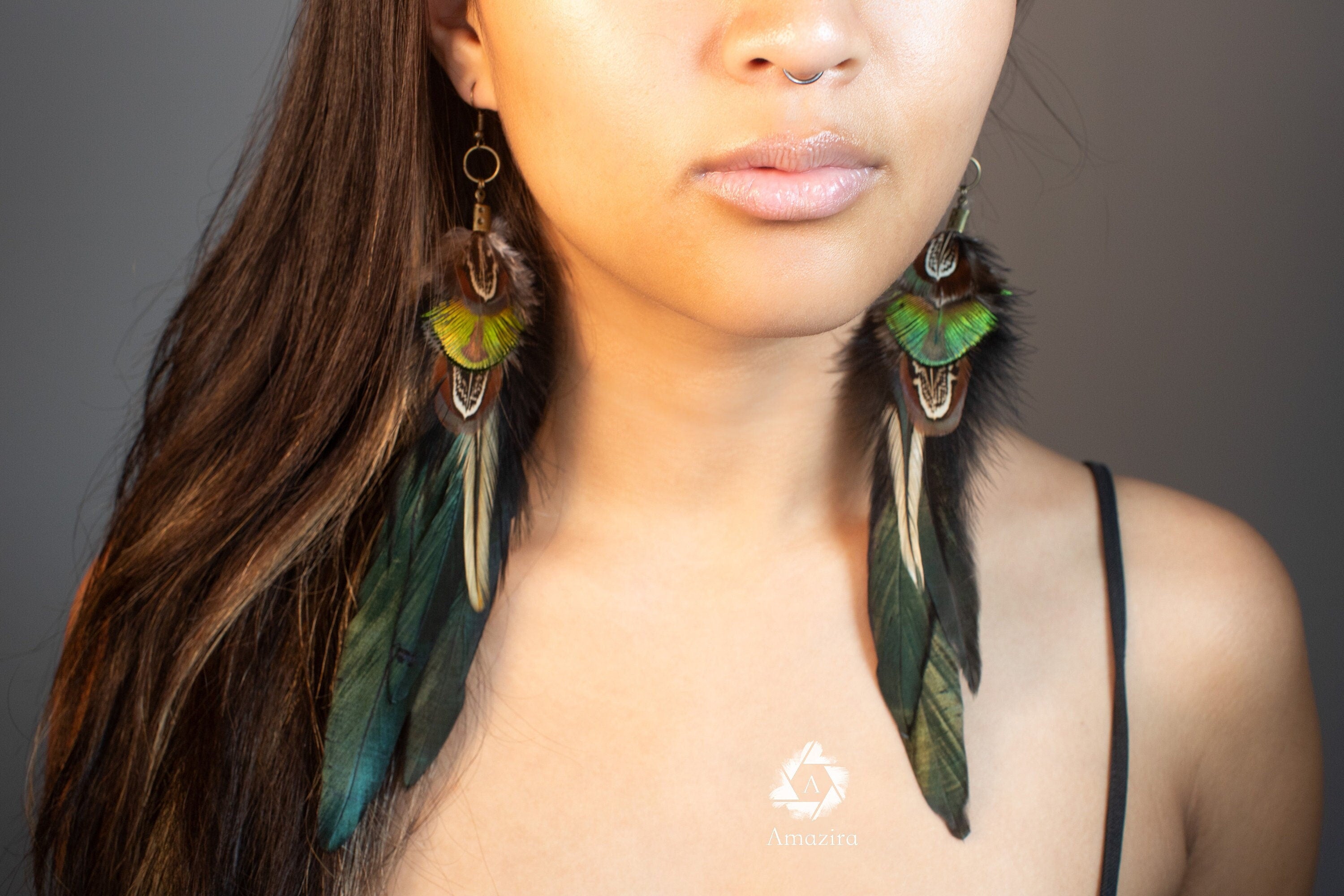 Long earrings, Black & green iridescent boho feather earring, Natural bird feathers, Handmade Summer earrings, Long Drop festival jewellery