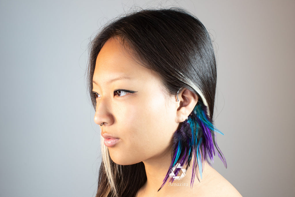 Purple blue feather Ear Wrap