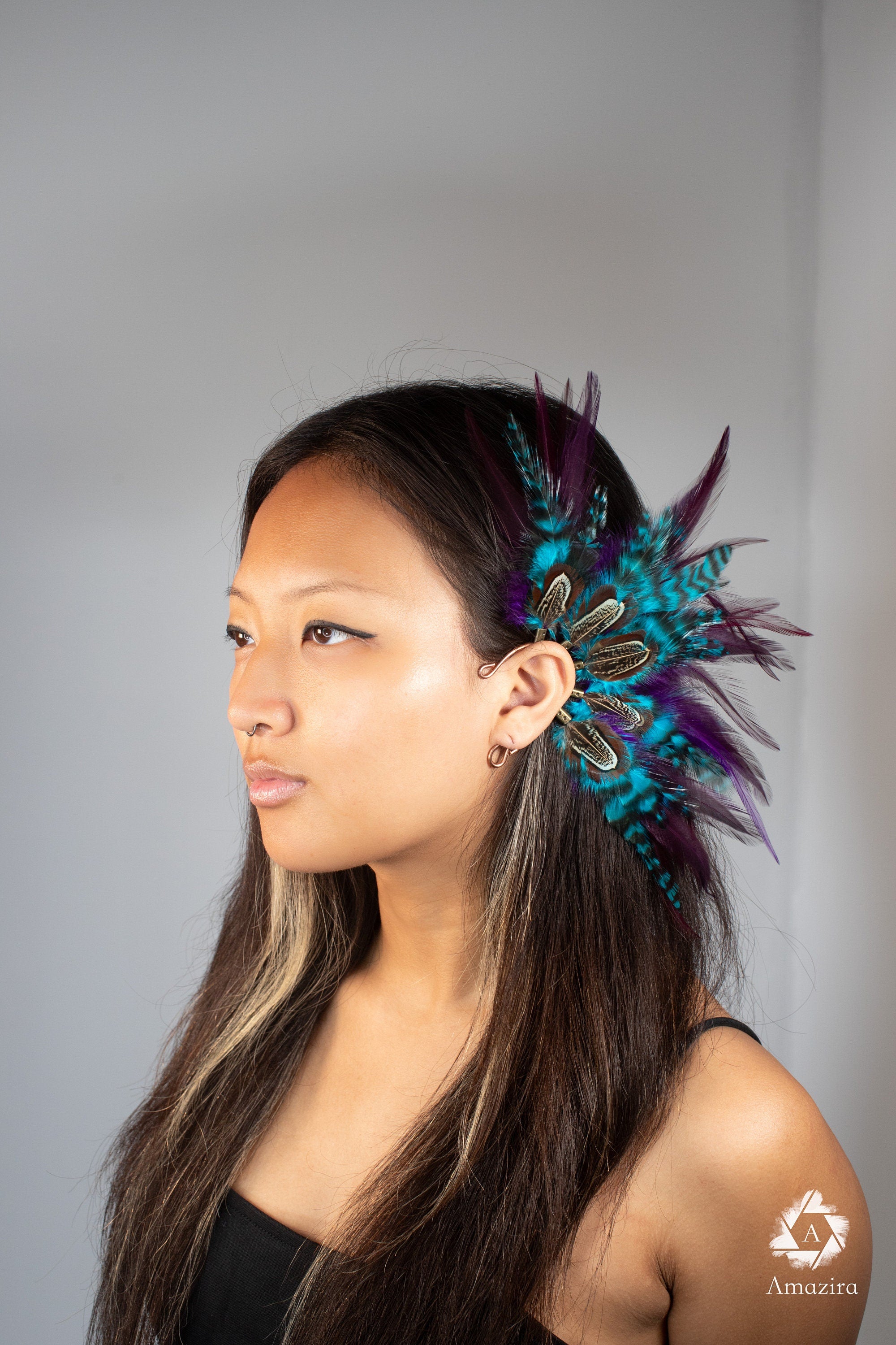 Purple and blue Natural Feather Ear cuff