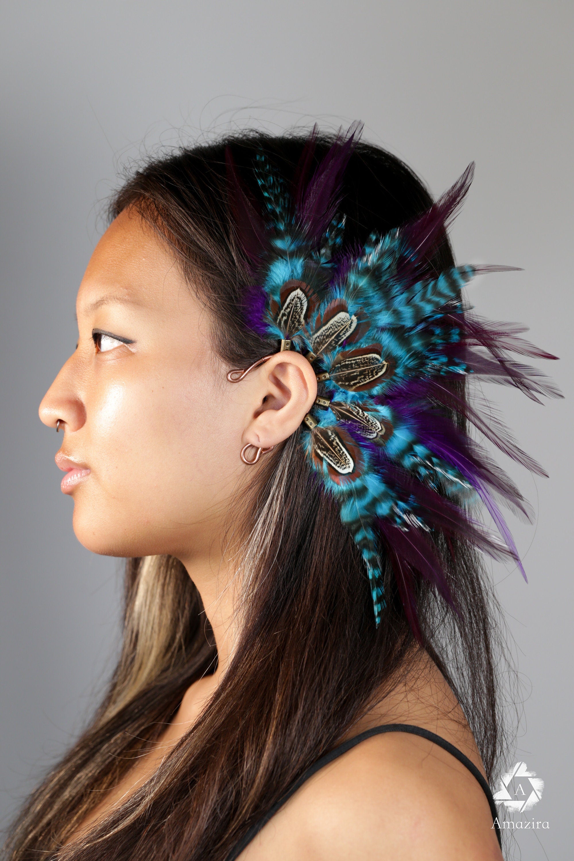 Purple and blue Natural Feather Ear cuff