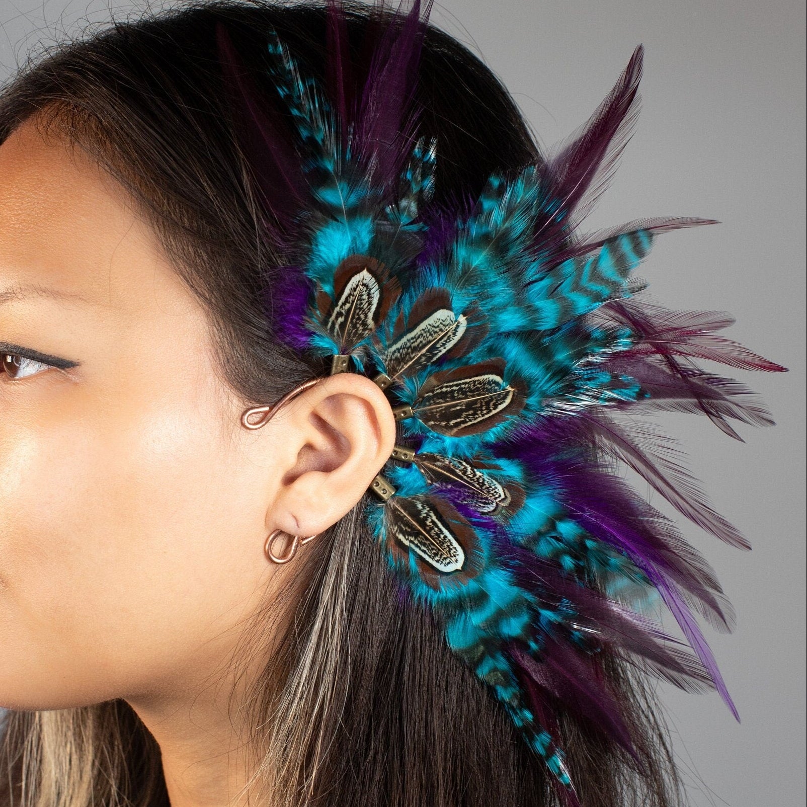 Purple and blue Natural Feather Ear cuff