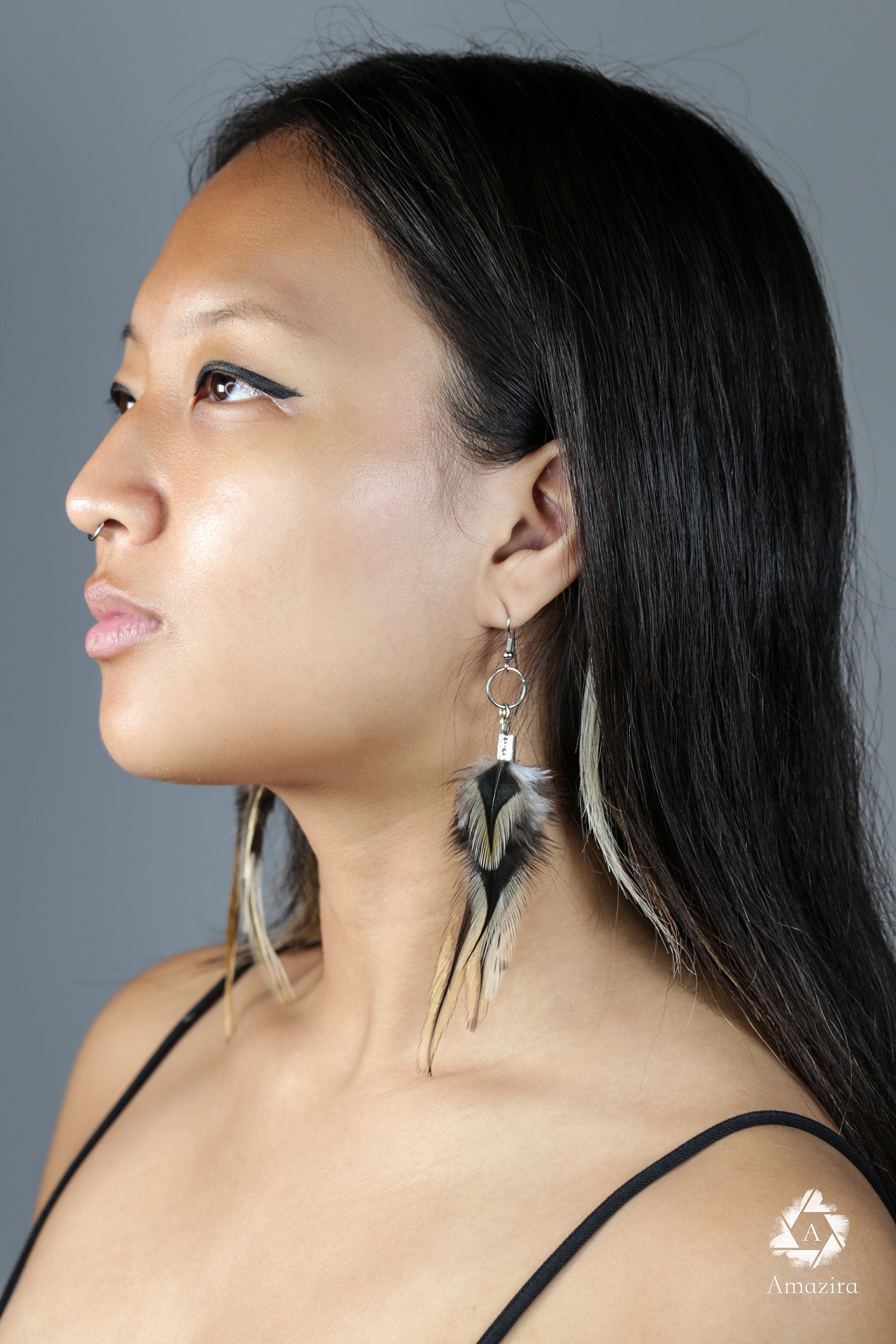 Golden black natural Feather Earring