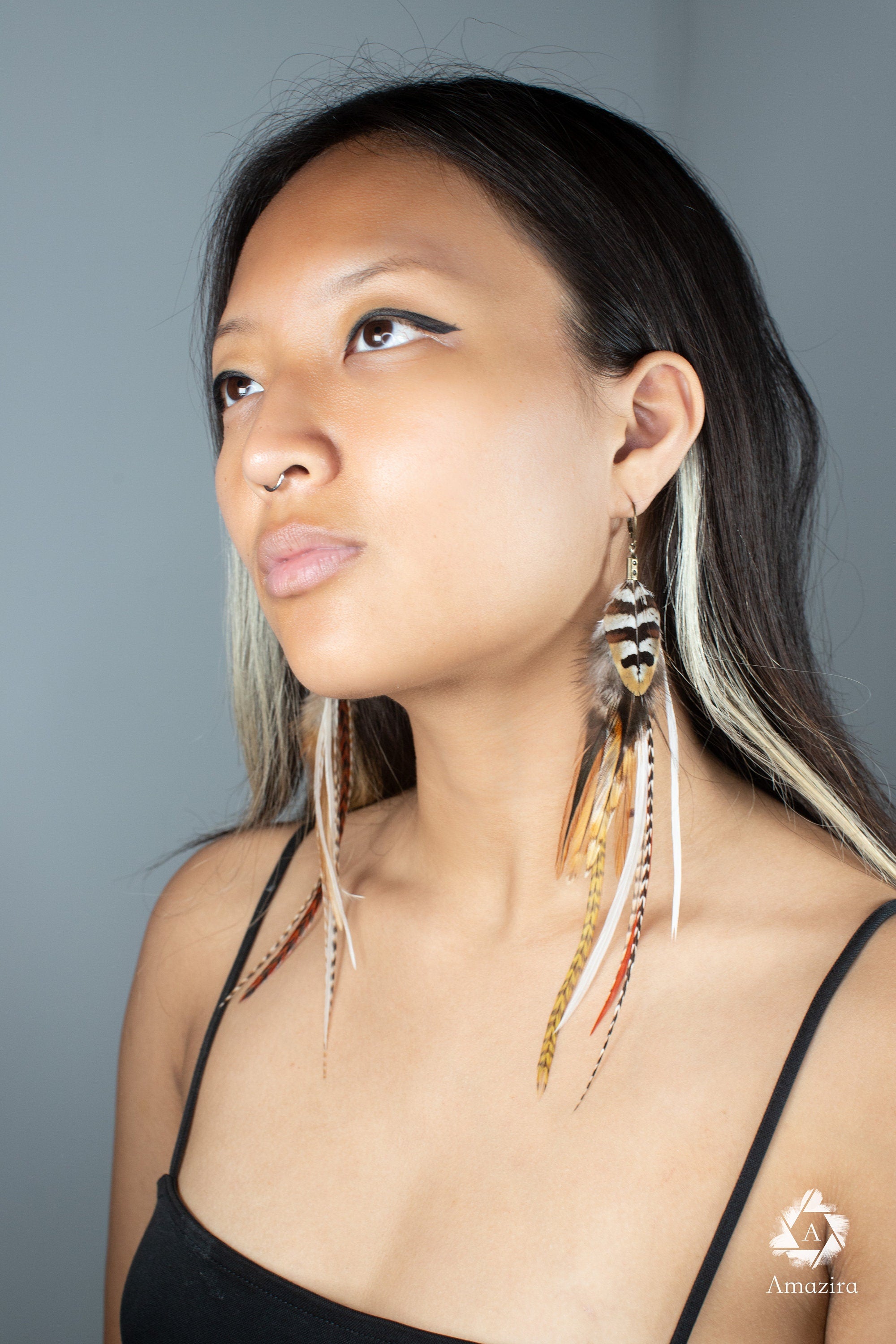 Long natural striped real feather grizzly earring