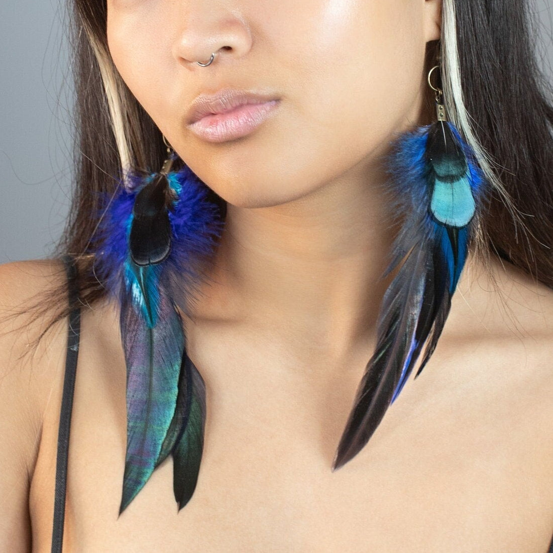 Long blue unique feather earrings