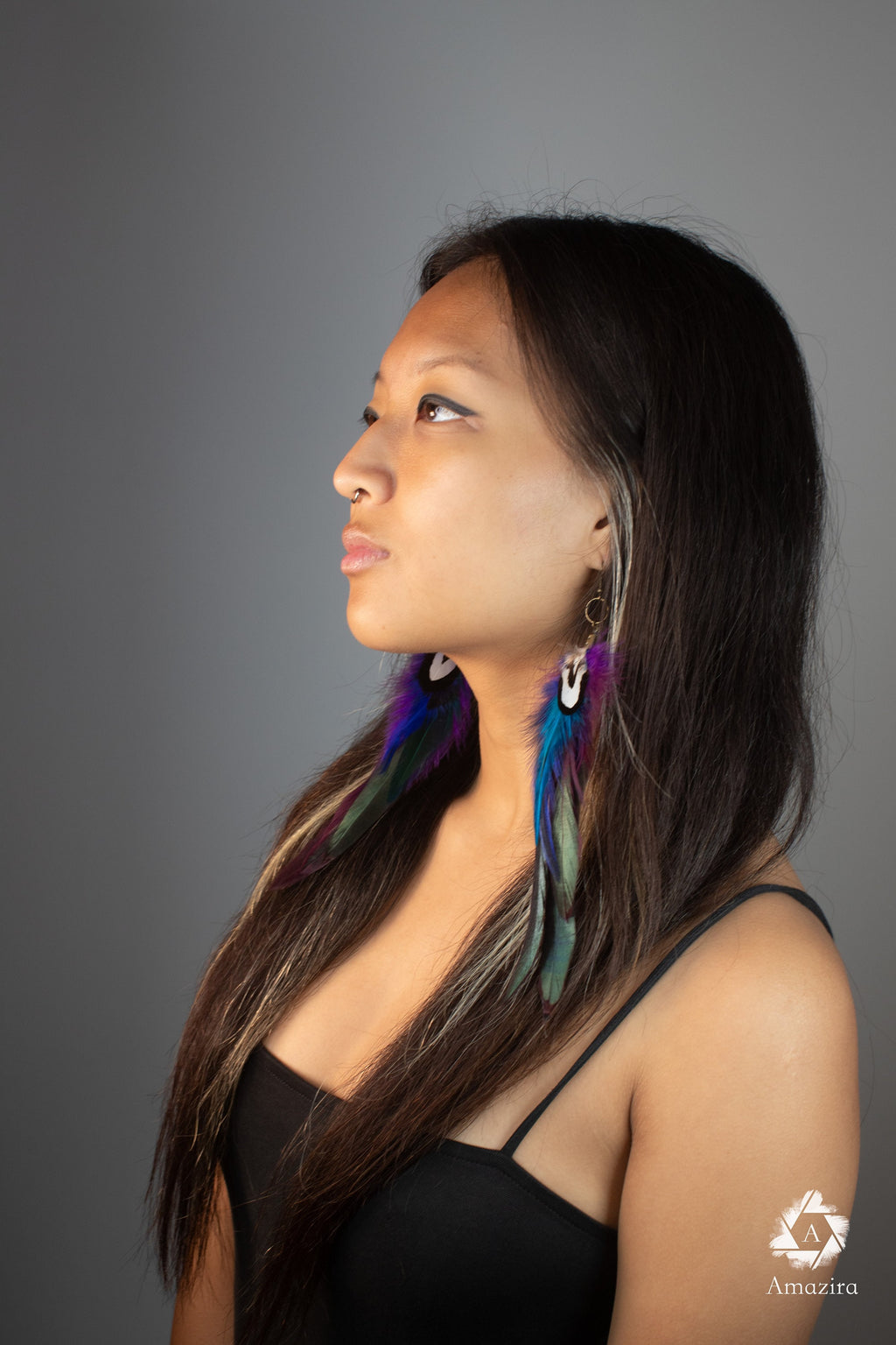 Long purple & blue feather earrings