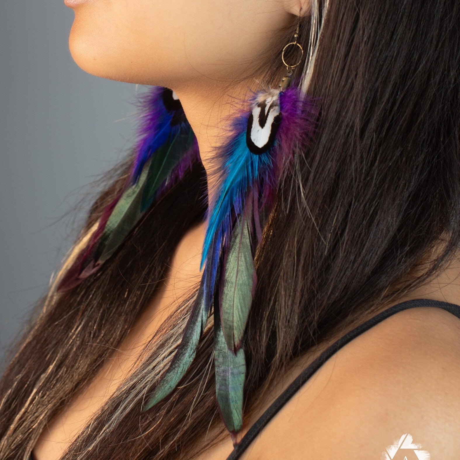 Long purple & blue feather earrings