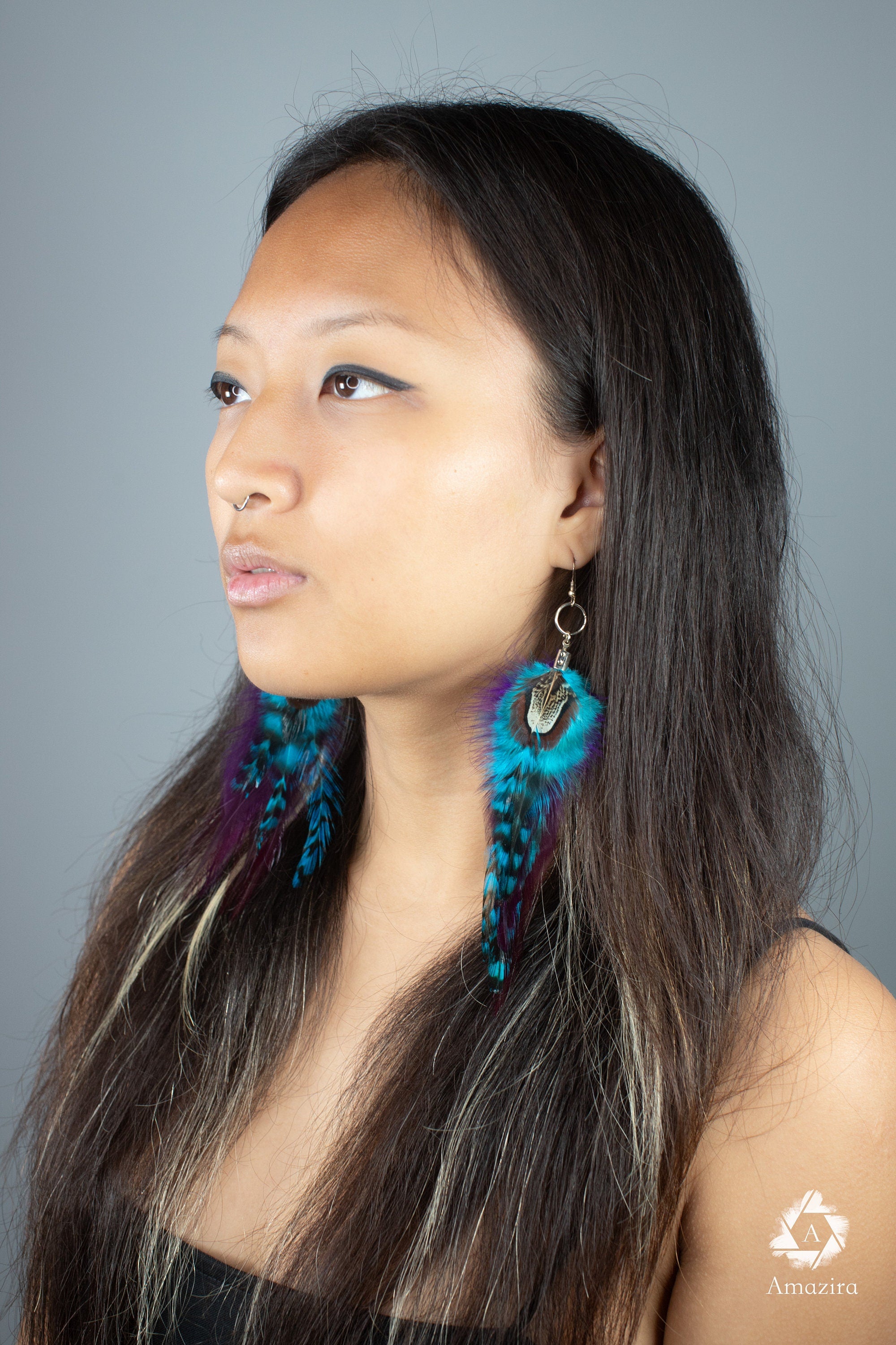 Blue and purple stripped fluffy feather earrings