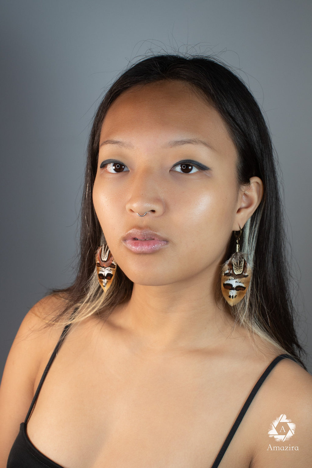 Mini stripped handmade feather earrings