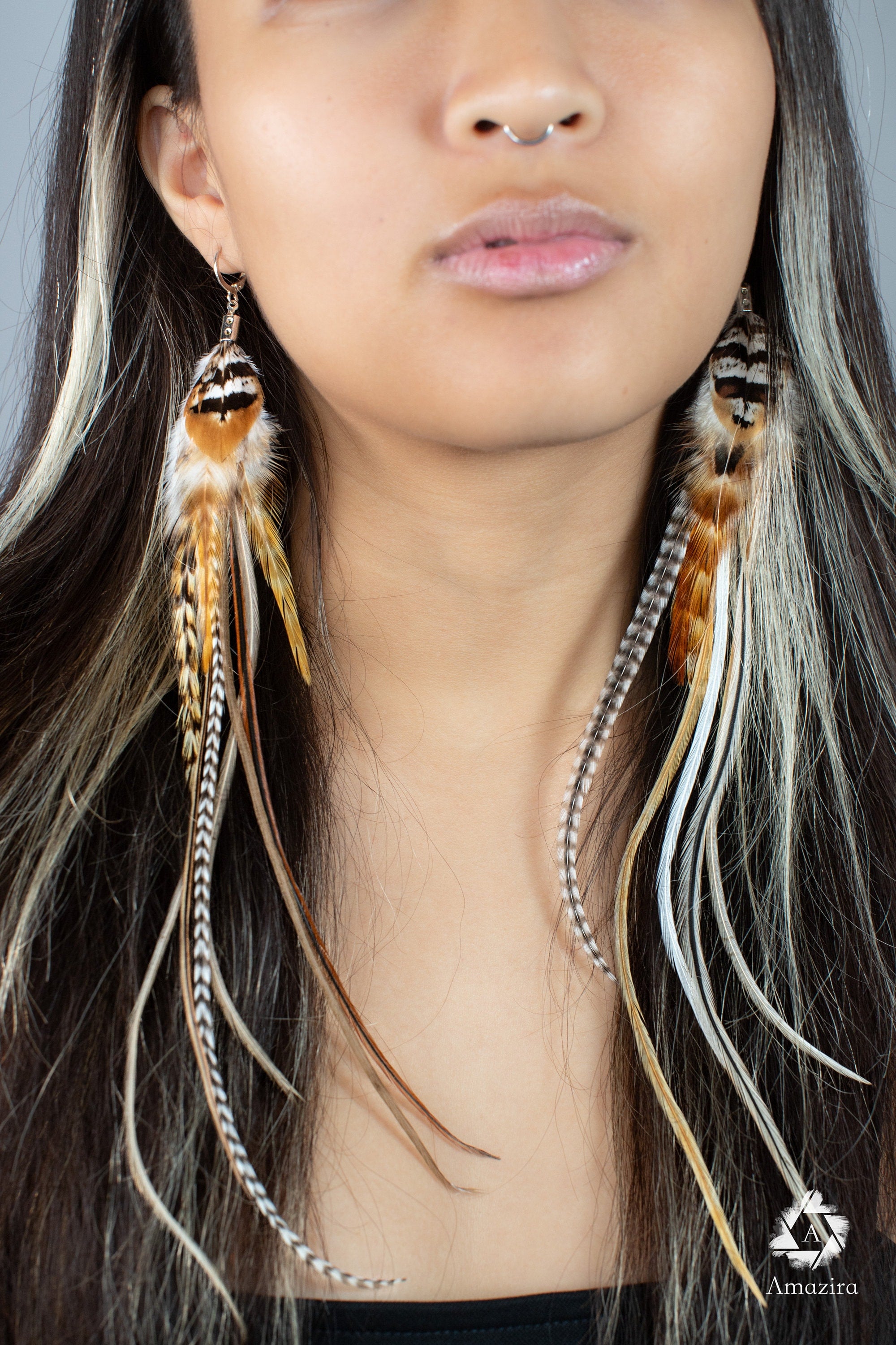 Extra long grizzly feathers earrings