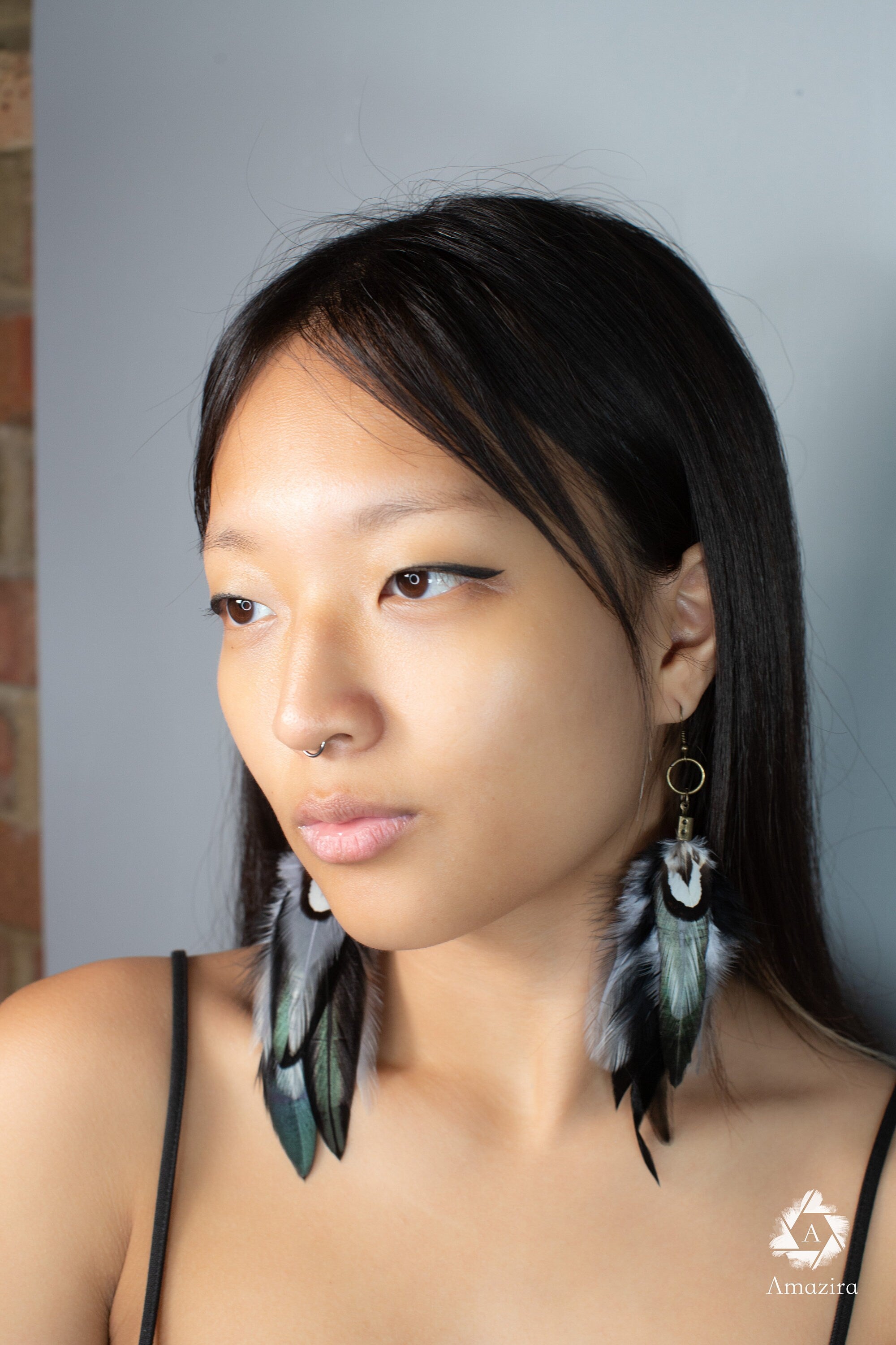 Black and grey long feather earrings, Handmade Bohemian Long Tribal earrings, Cool summer cute chic earrings, Boho bi earrings