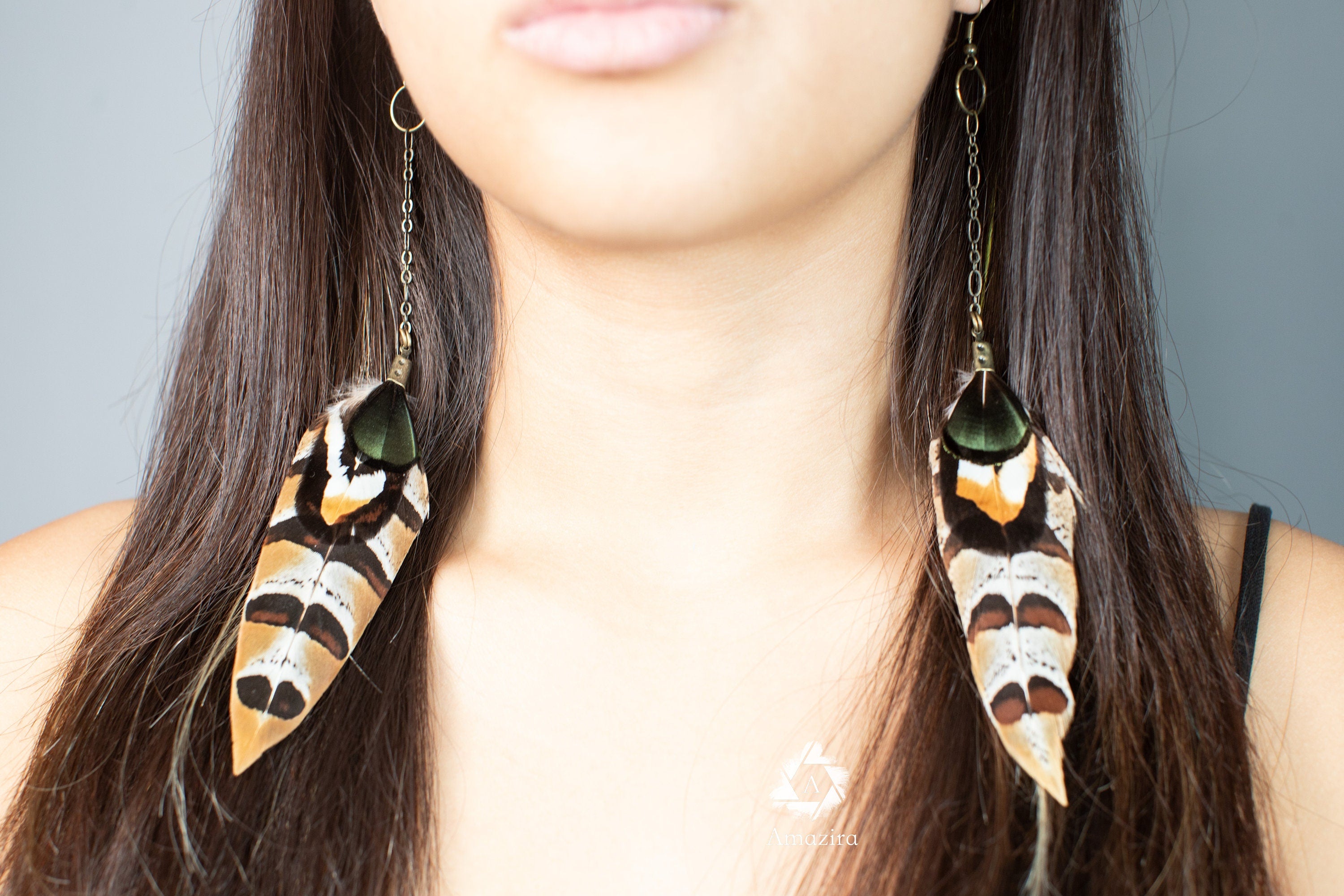 Handmade chain natural striped feather earrings