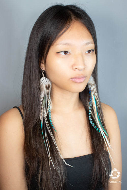 Boucles d'oreilles extra longues en plumes turquoises