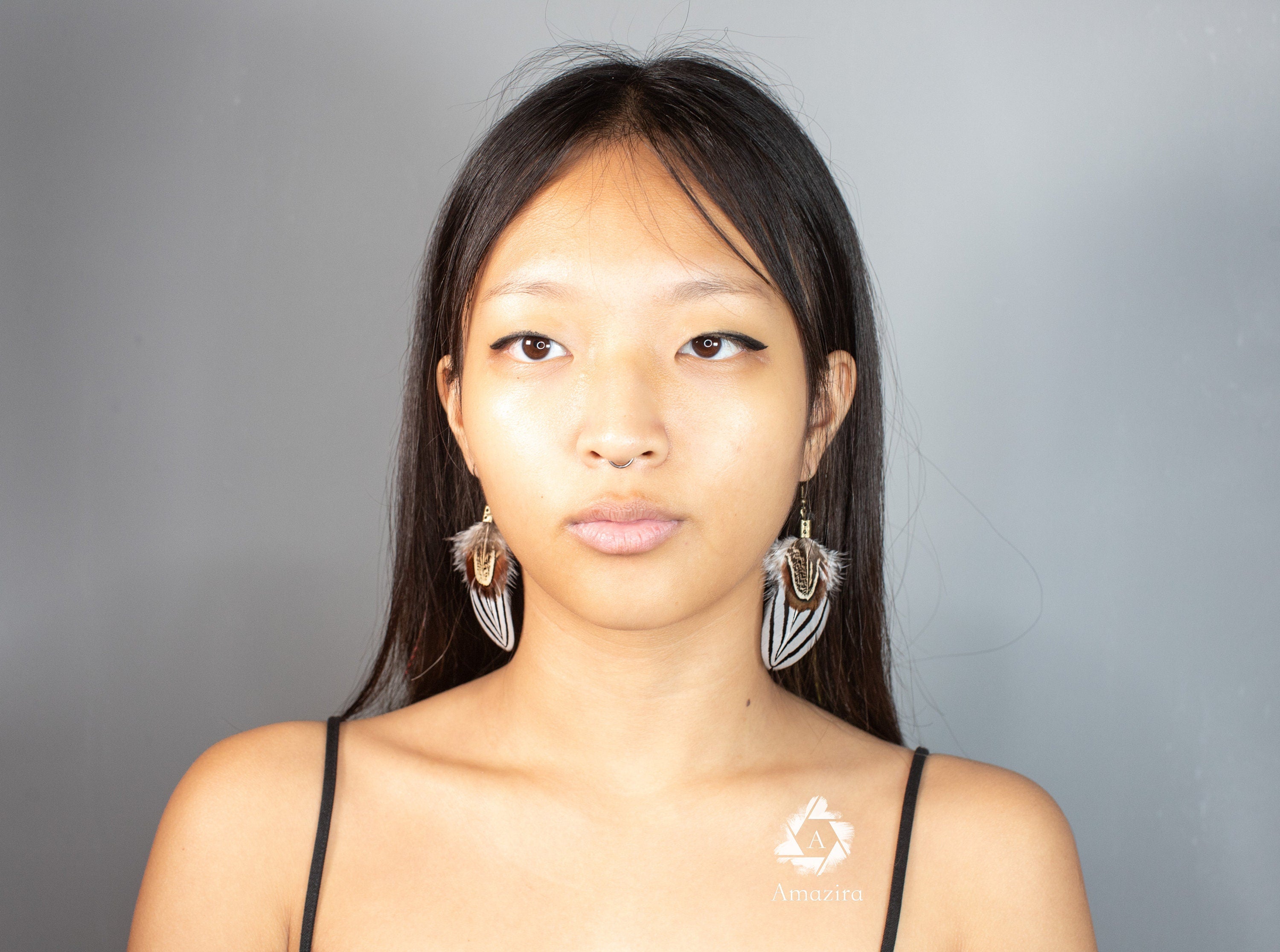 Circus black & white Striped Real Feather Earrings