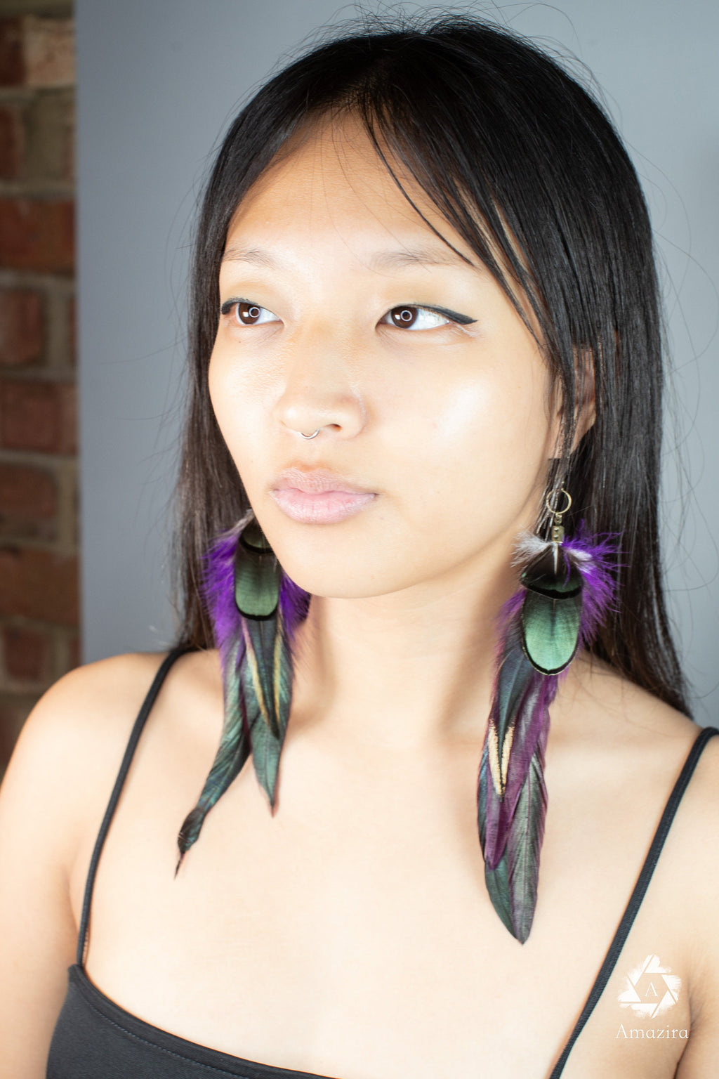 Purple and green drop feather earrings