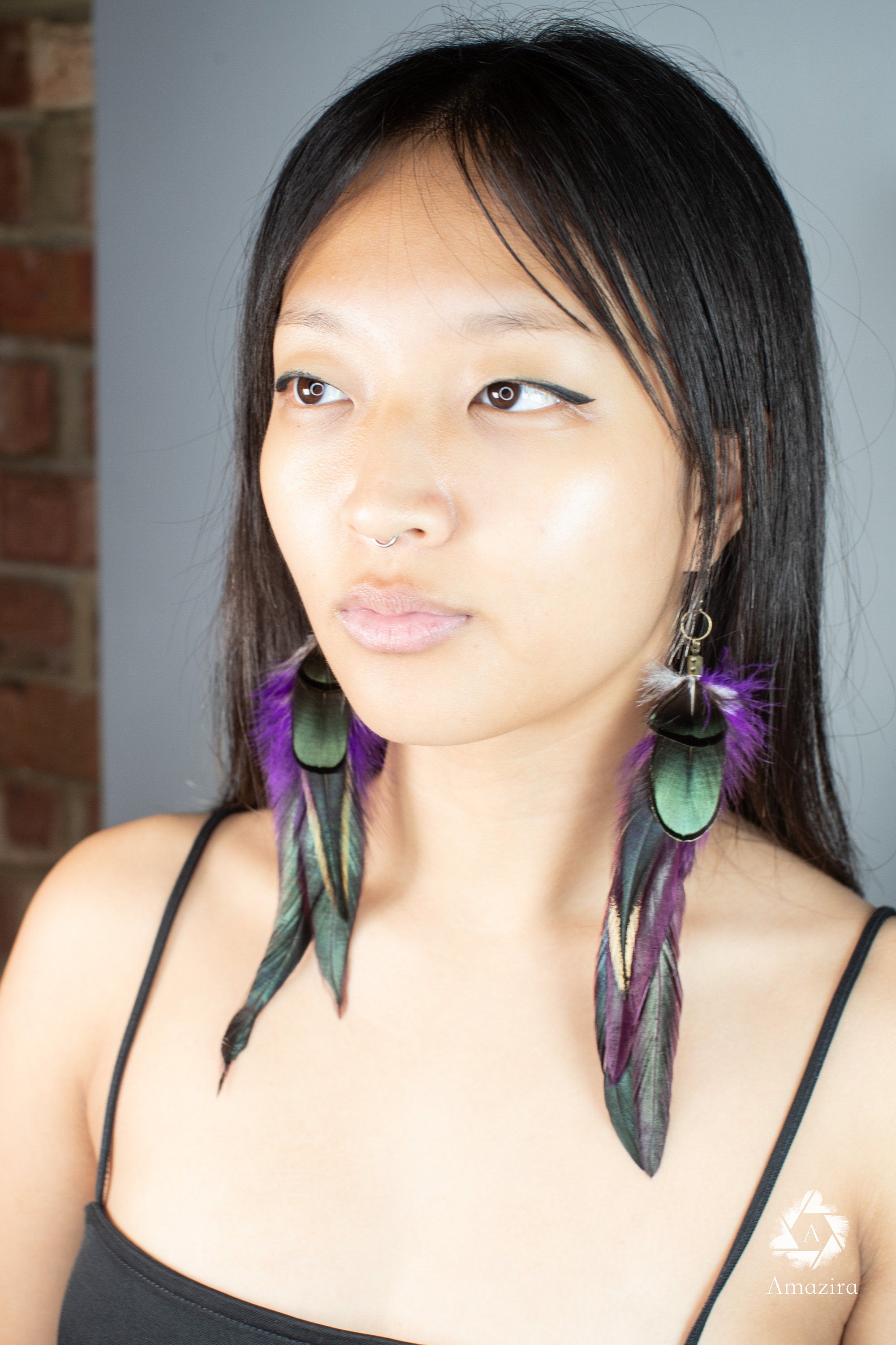Purple and green drop feather earrings