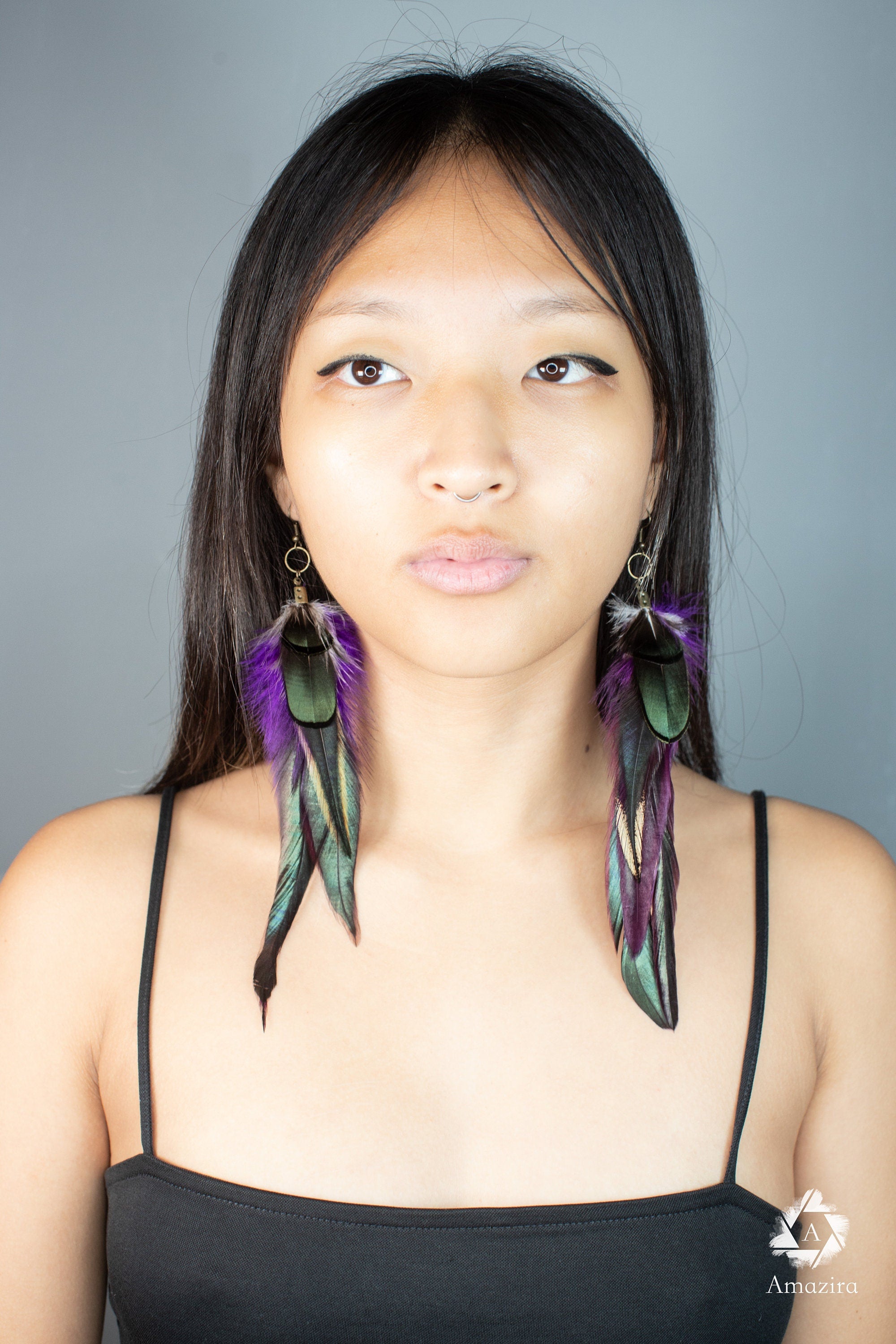 Purple and green drop feather earrings