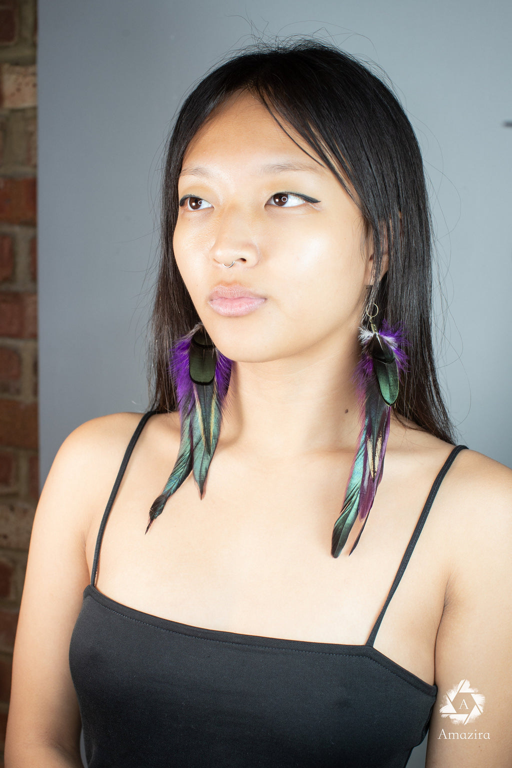 Purple and green drop feather earrings