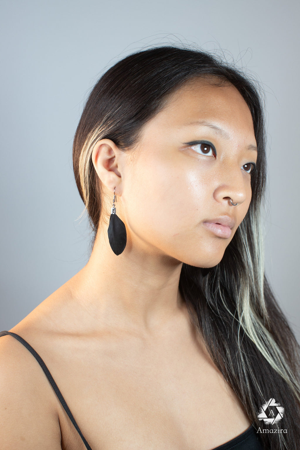 Small delicate black handmade feather earrings