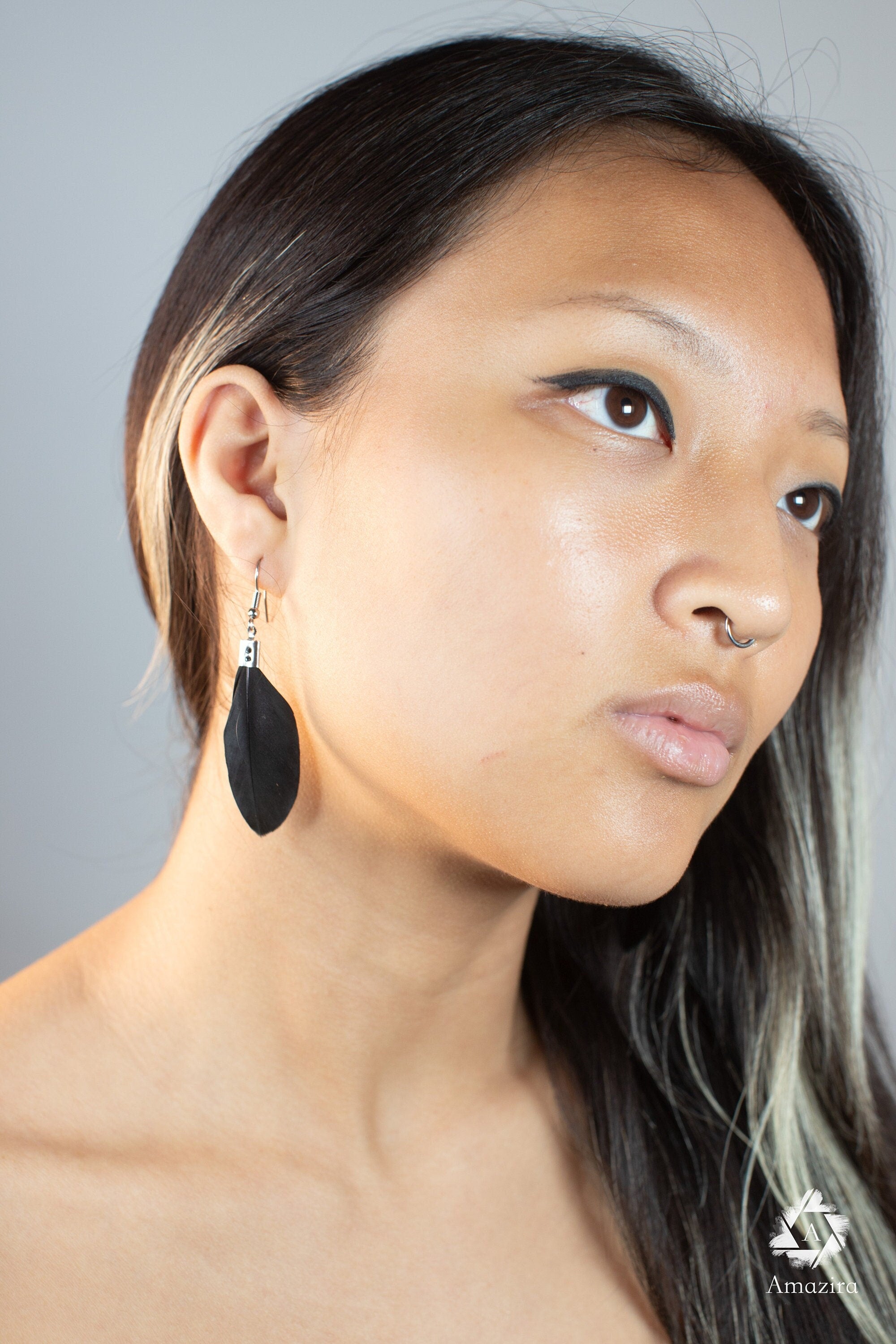 Small delicate black handmade feather earrings