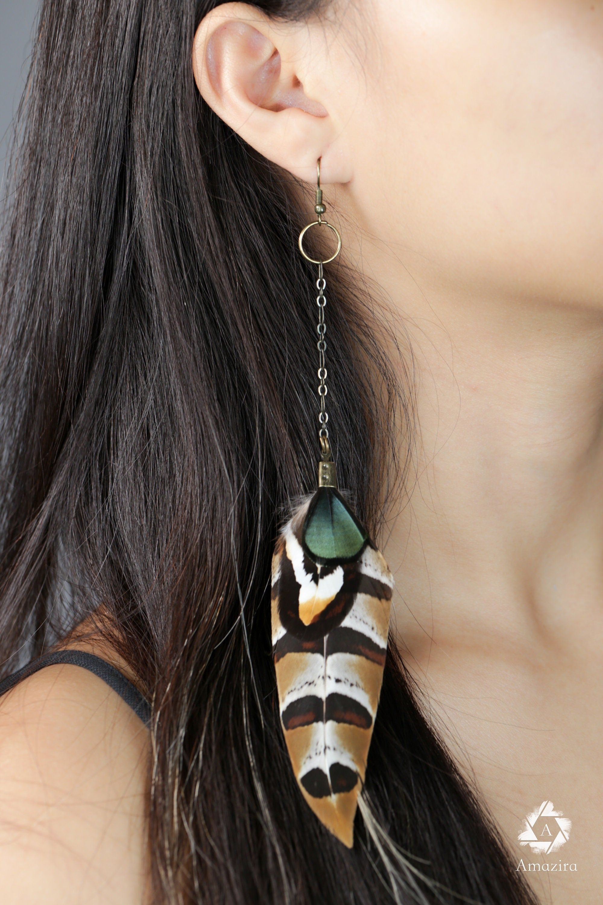 Handmade chain natural striped feather earrings