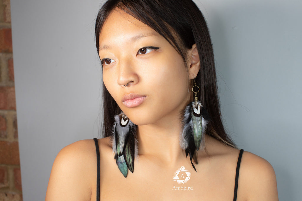 Black and grey long feather earrings, Handmade Bohemian Long Tribal earrings, Cool summer cute chic earrings, Boho bi earrings