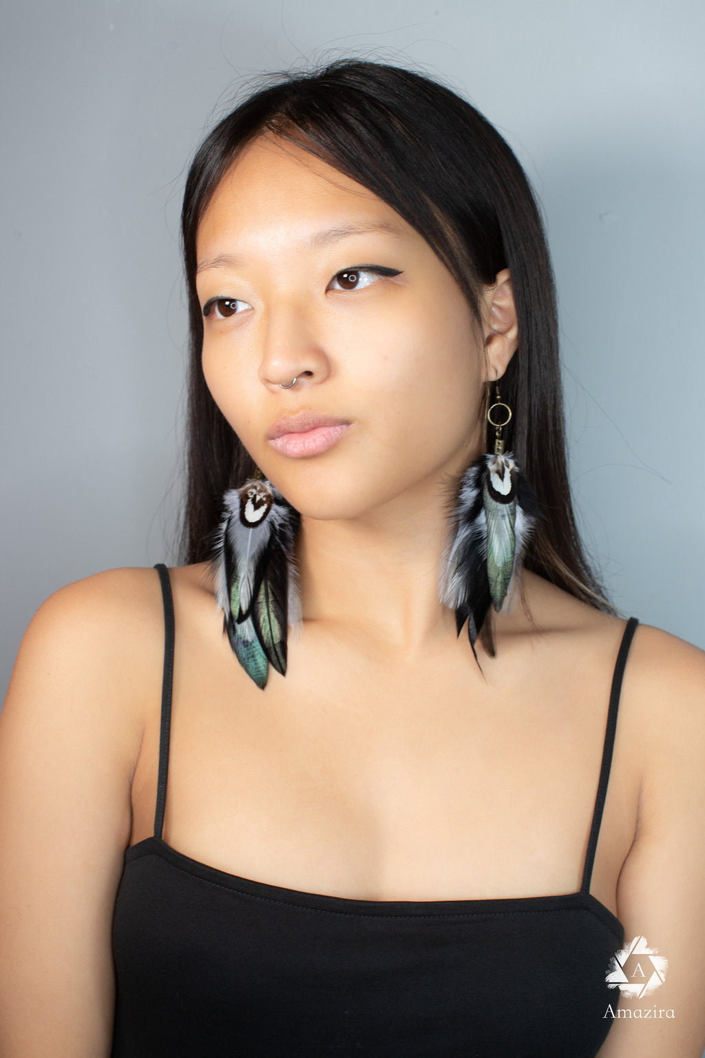 Black and grey long feather earrings, Handmade Bohemian Long Tribal earrings, Cool summer cute chic earrings, Boho bi earrings
