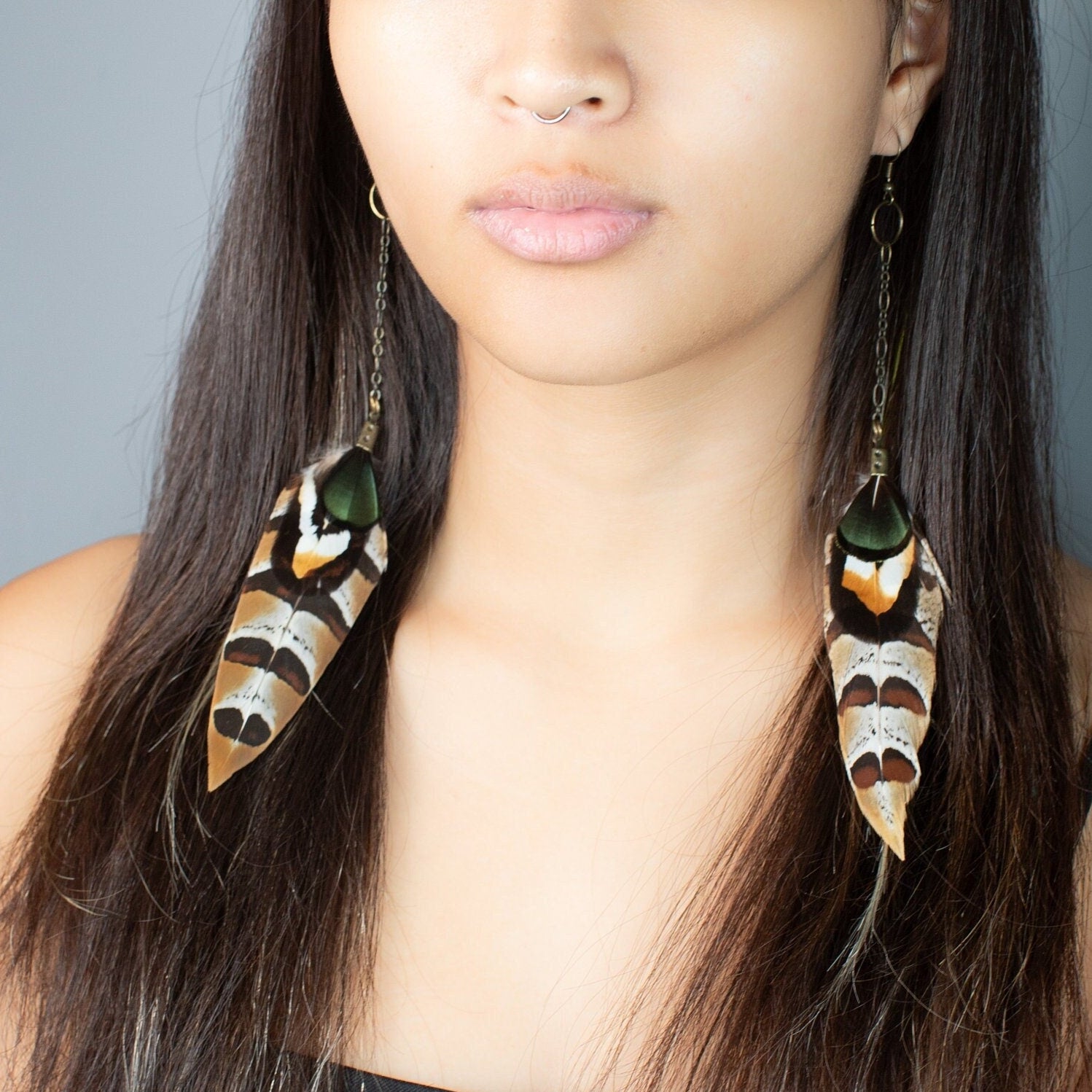 Handmade chain natural striped feather earrings