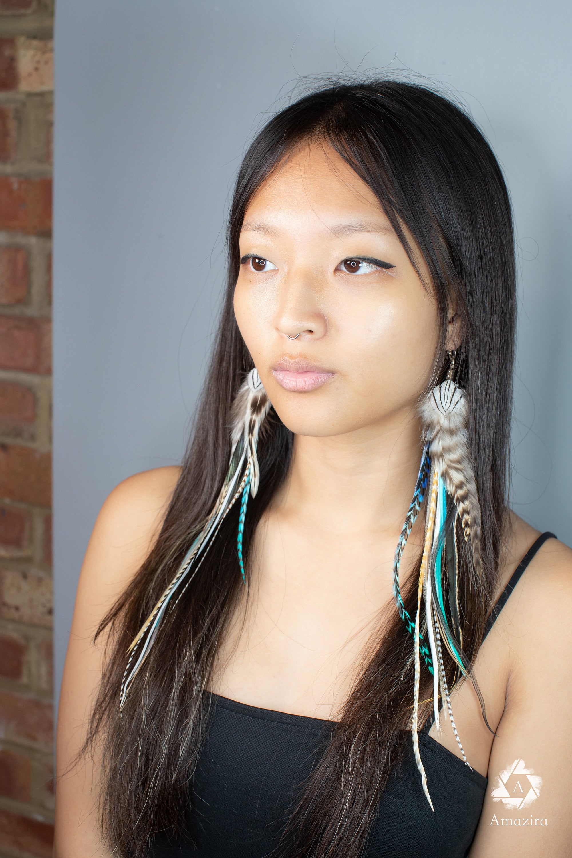 Extra long turquoise feather Earring
