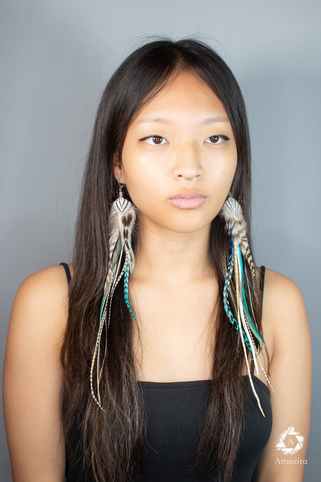 Extra long turquoise feather Earring