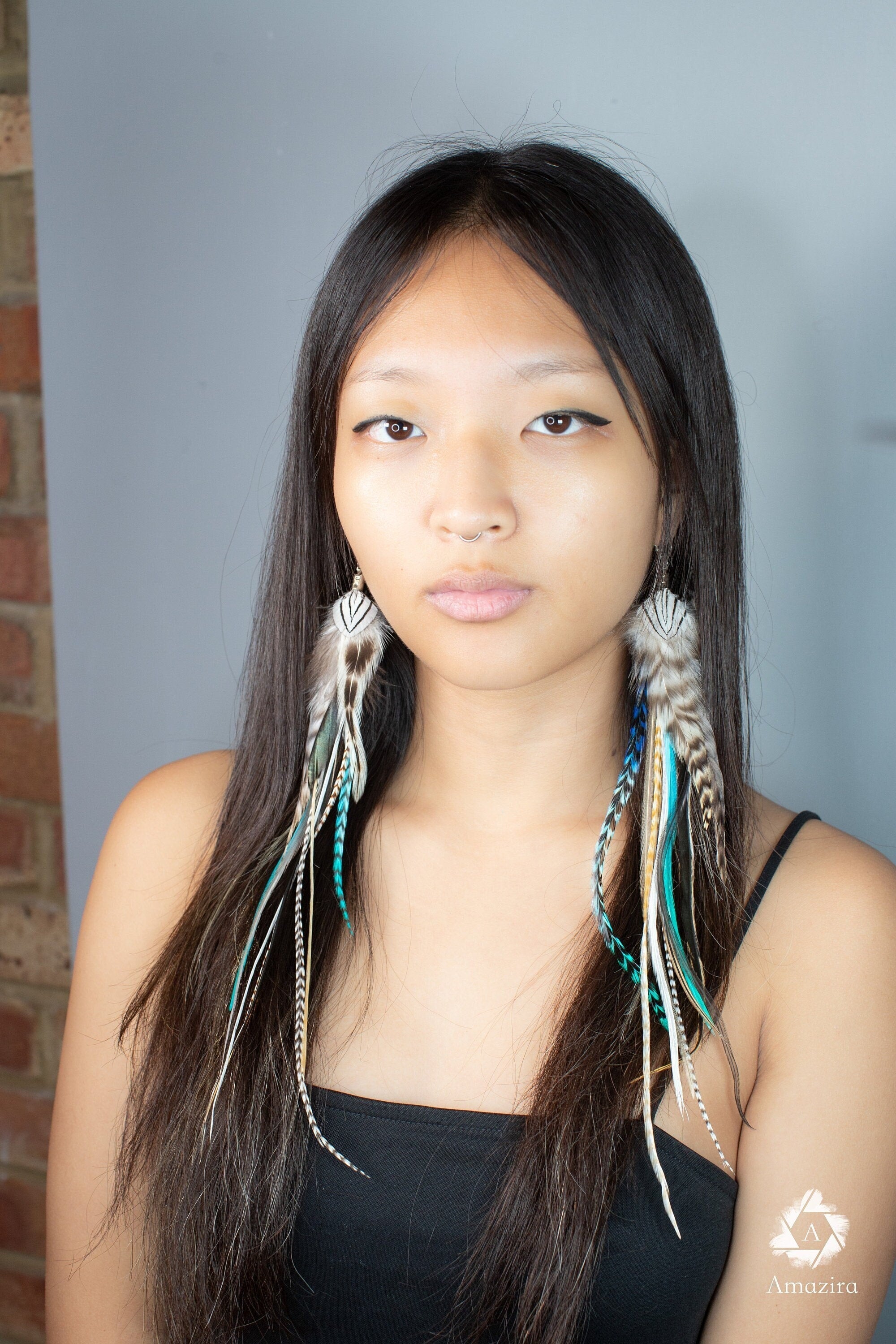 Extra long Turquoise Feather Earring, Striped grizzly tribal earring, Hippie Boho Blue & brown Statement earring, Gift for her, drop earring
