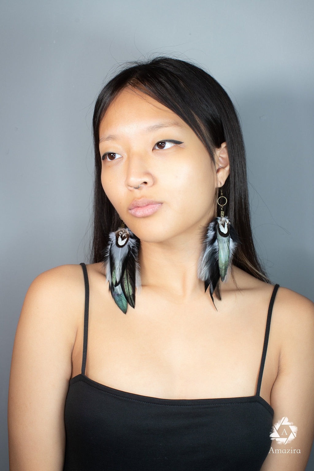 Black and grey long feather earrings, Handmade Bohemian Long Tribal earrings, Cool summer cute chic earrings, Boho bi earrings