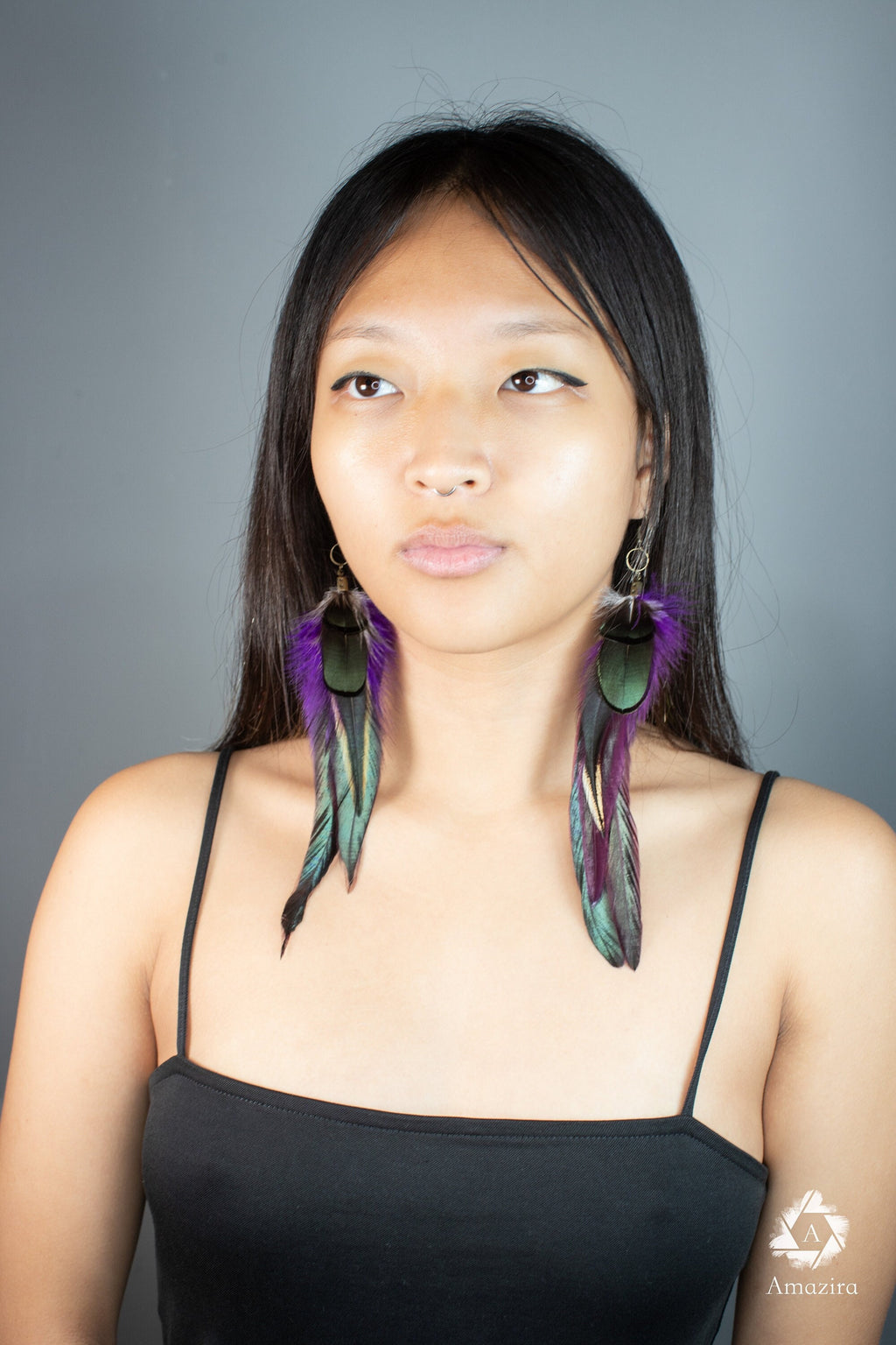 Purple and green drop feather earrings