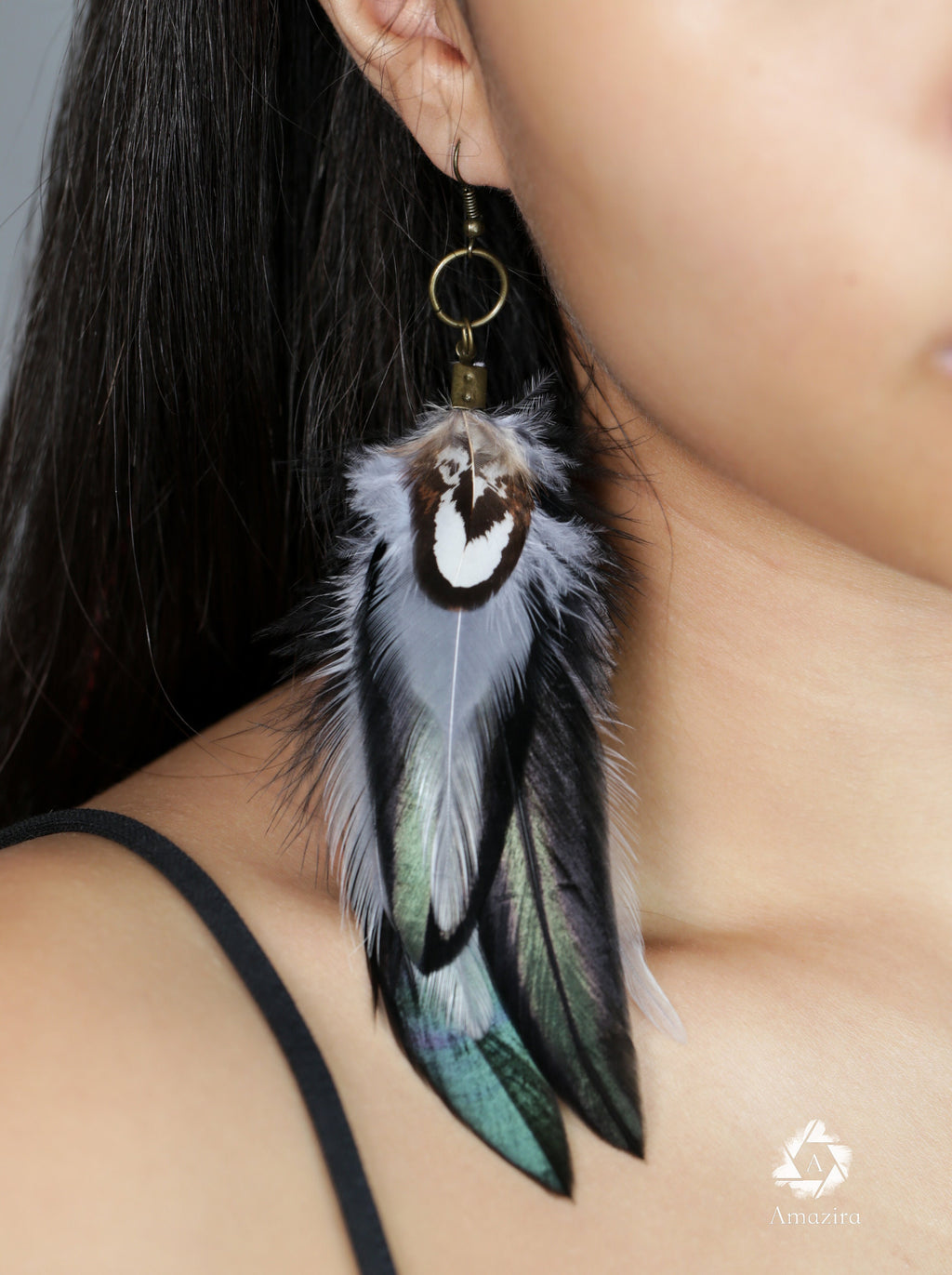 Black and grey long feather earrings, Handmade Bohemian Long Tribal earrings, Cool summer cute chic earrings, Boho bi earrings