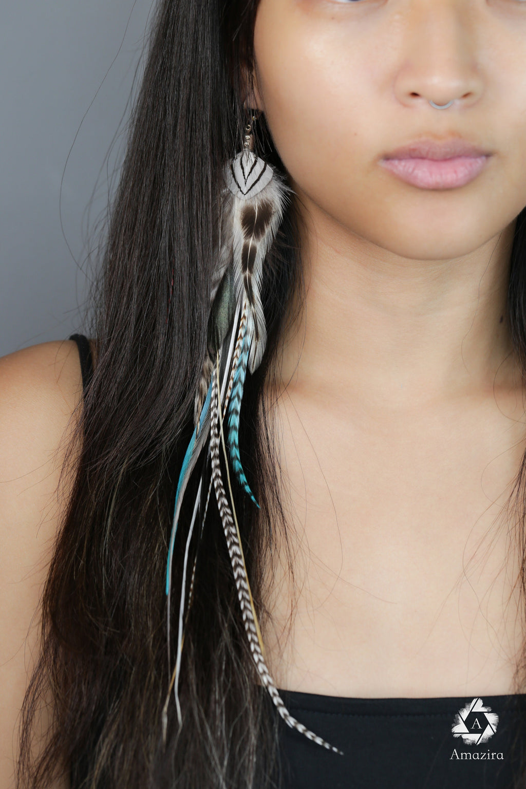 Extra long turquoise feather Earring
