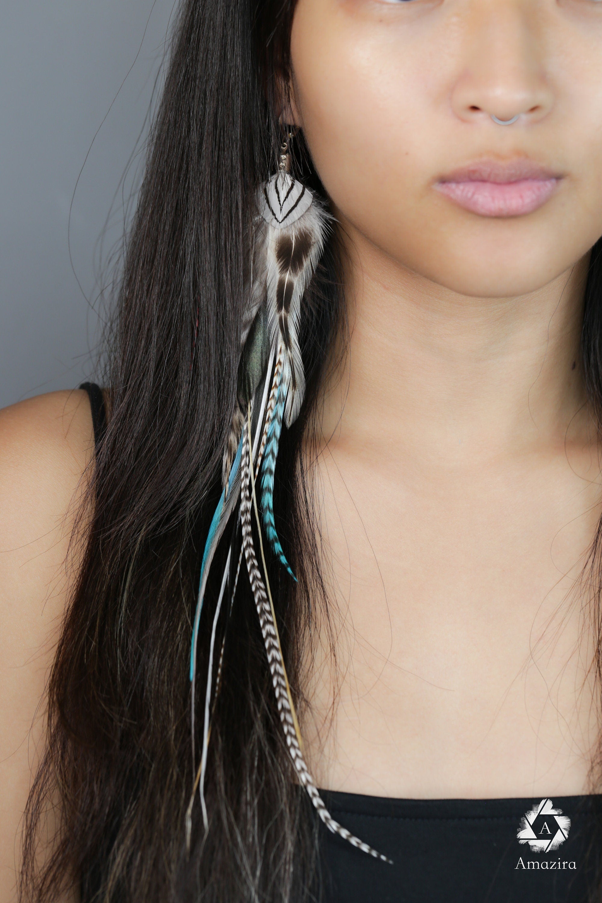 Extra long turquoise feather Earring