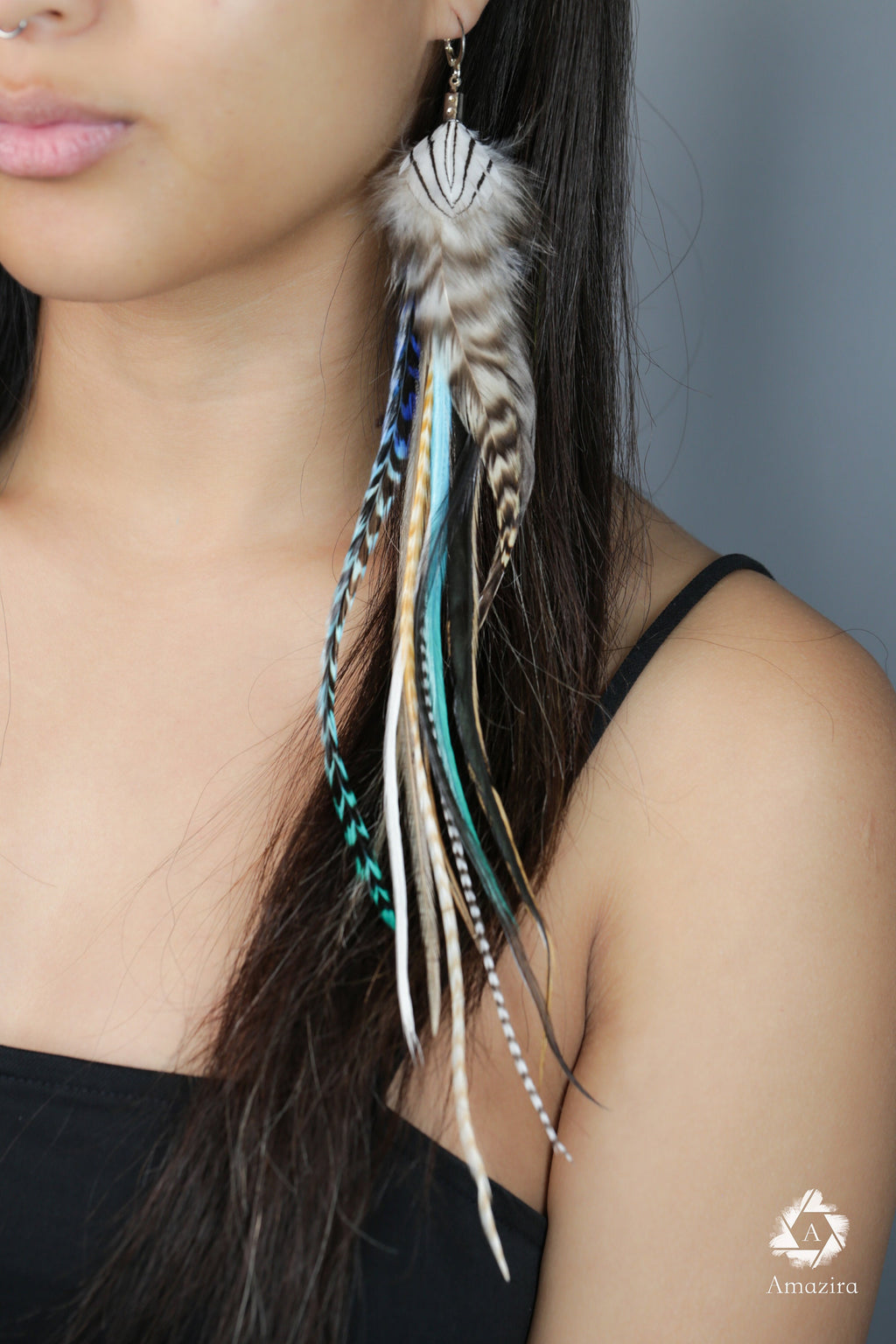 Extra long turquoise feather Earring