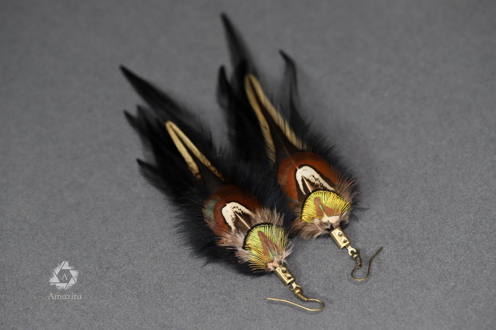 Black and green boho feather earring