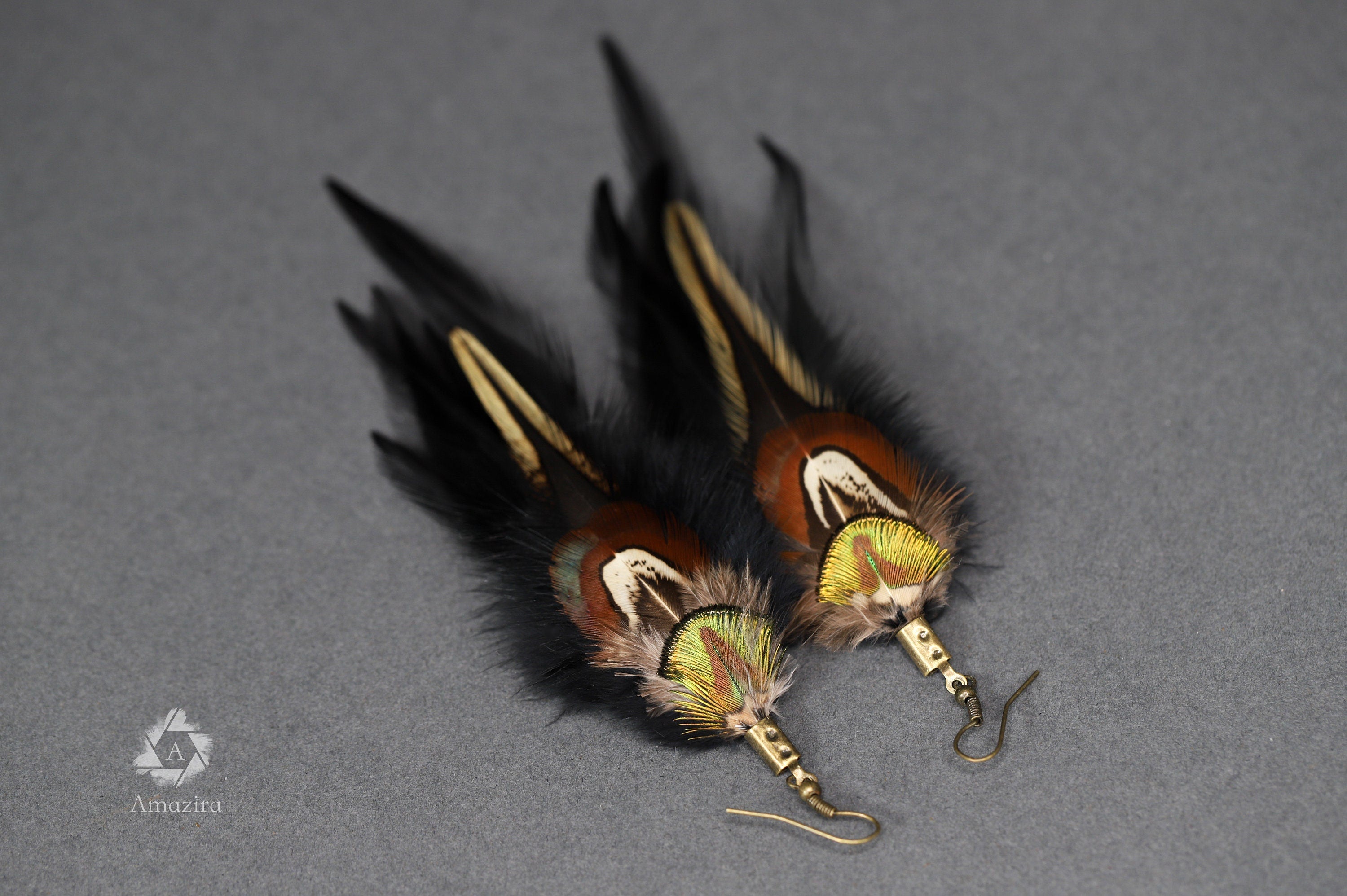 Black and green boho feather earring