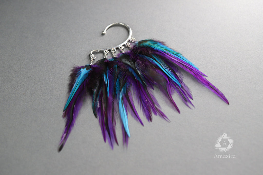 Purple blue feather Ear Wrap