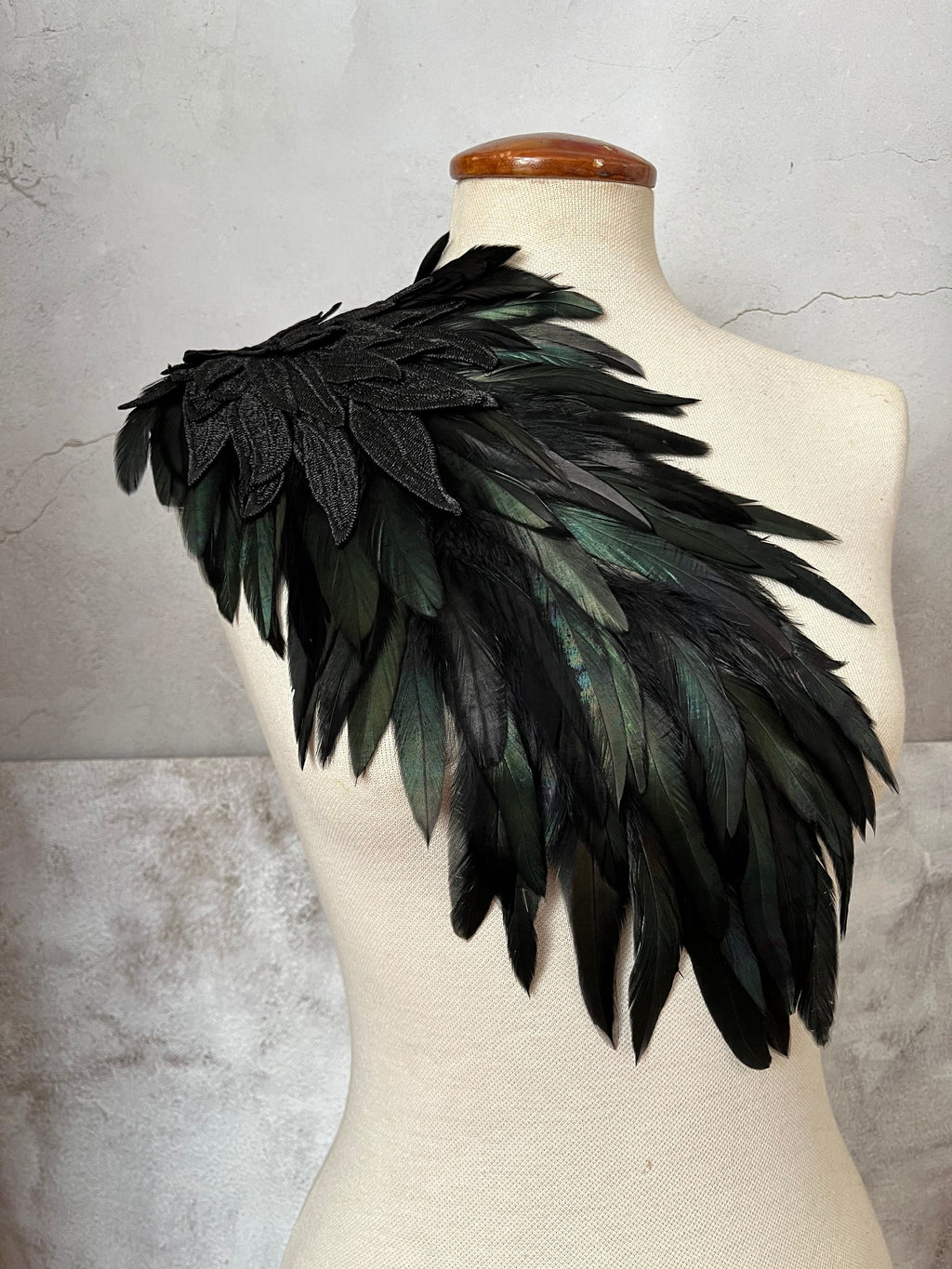 Black feather shawl, shoulder pad