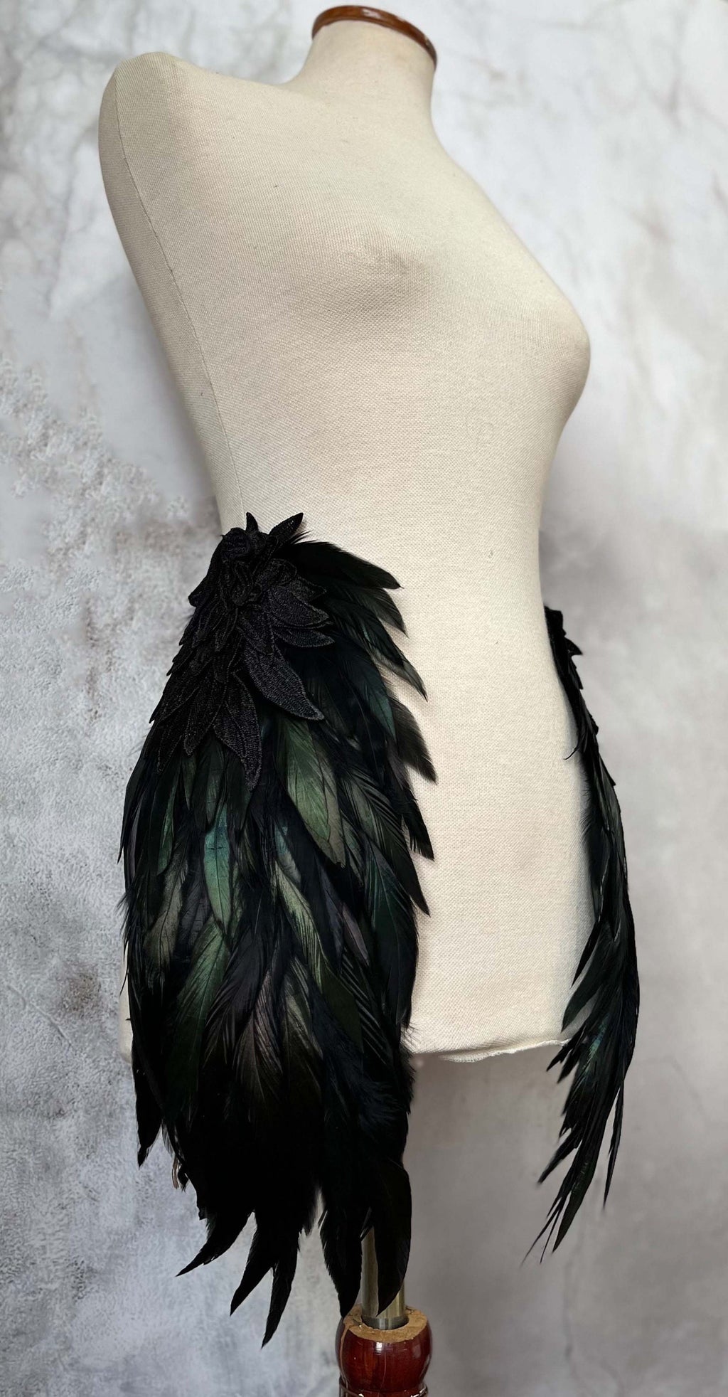 Black feather shawl, shoulder pad