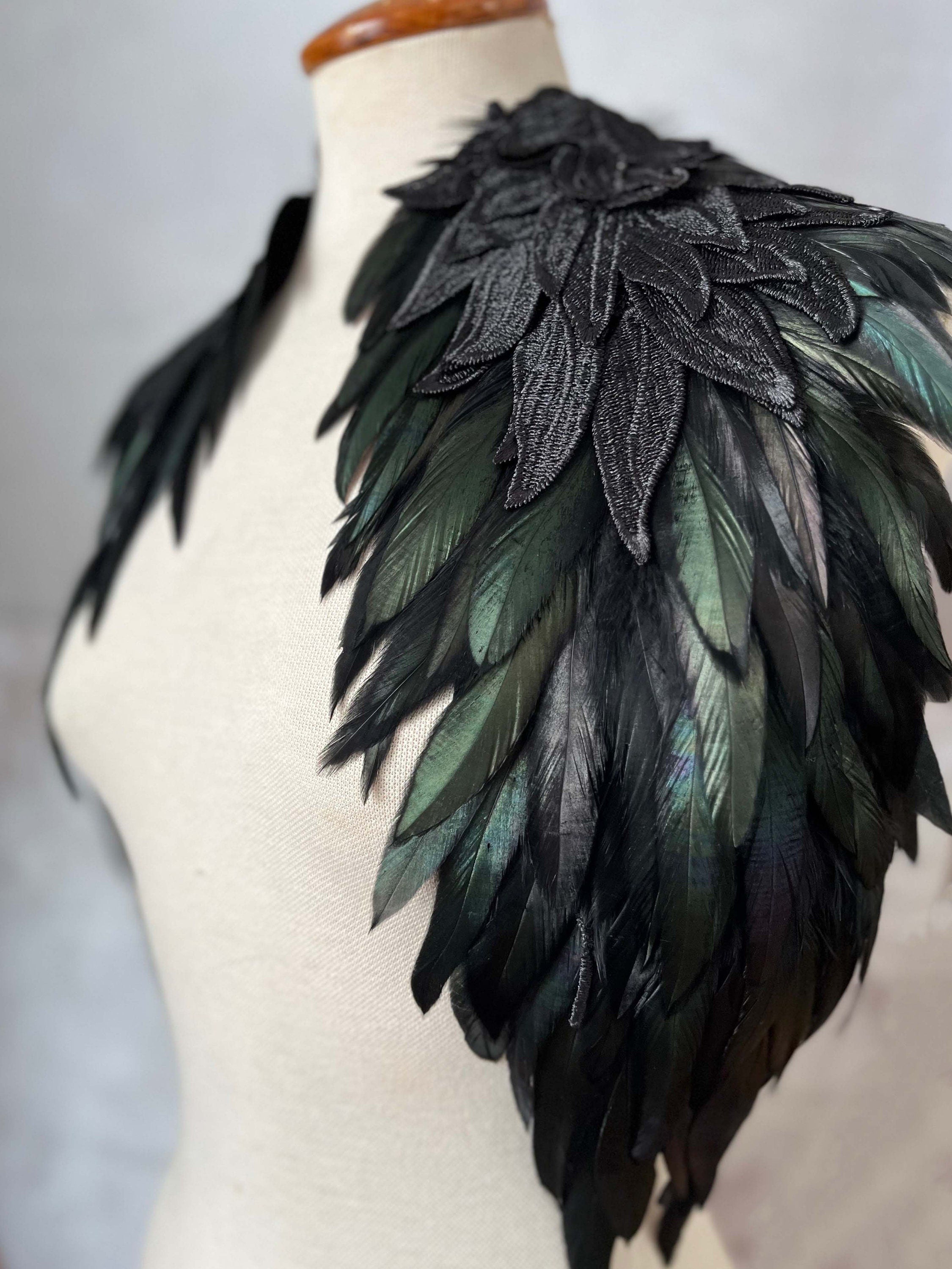Black feather shawl, shoulder pad