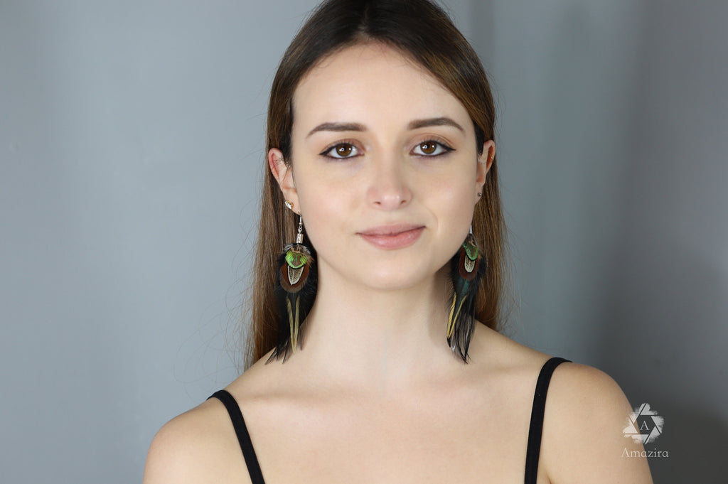 Black and green boho feather earring