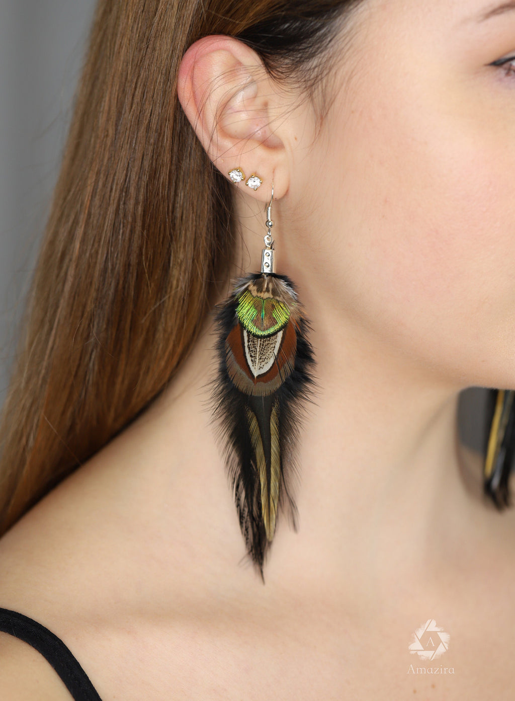 Black and green boho feather earring