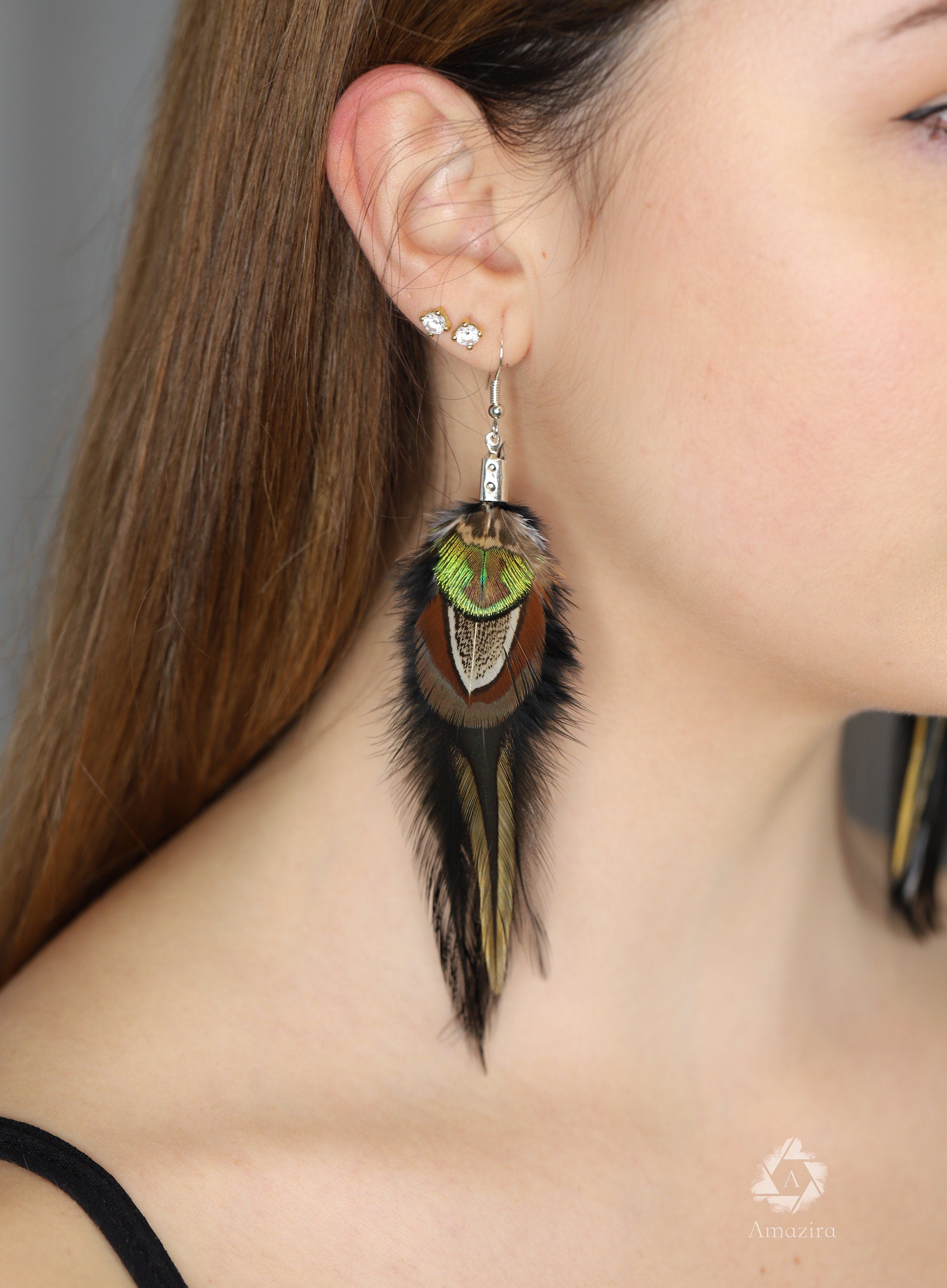 Black and green boho feather earring