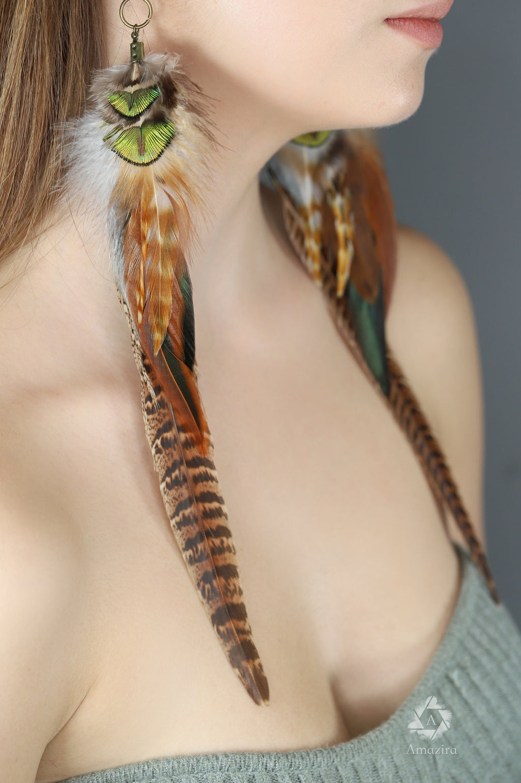 Extra long pheasant and peacock earrings