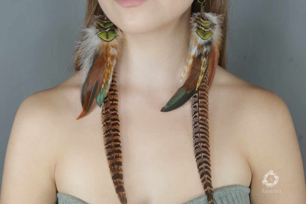 Extra long pheasant and peacock earrings