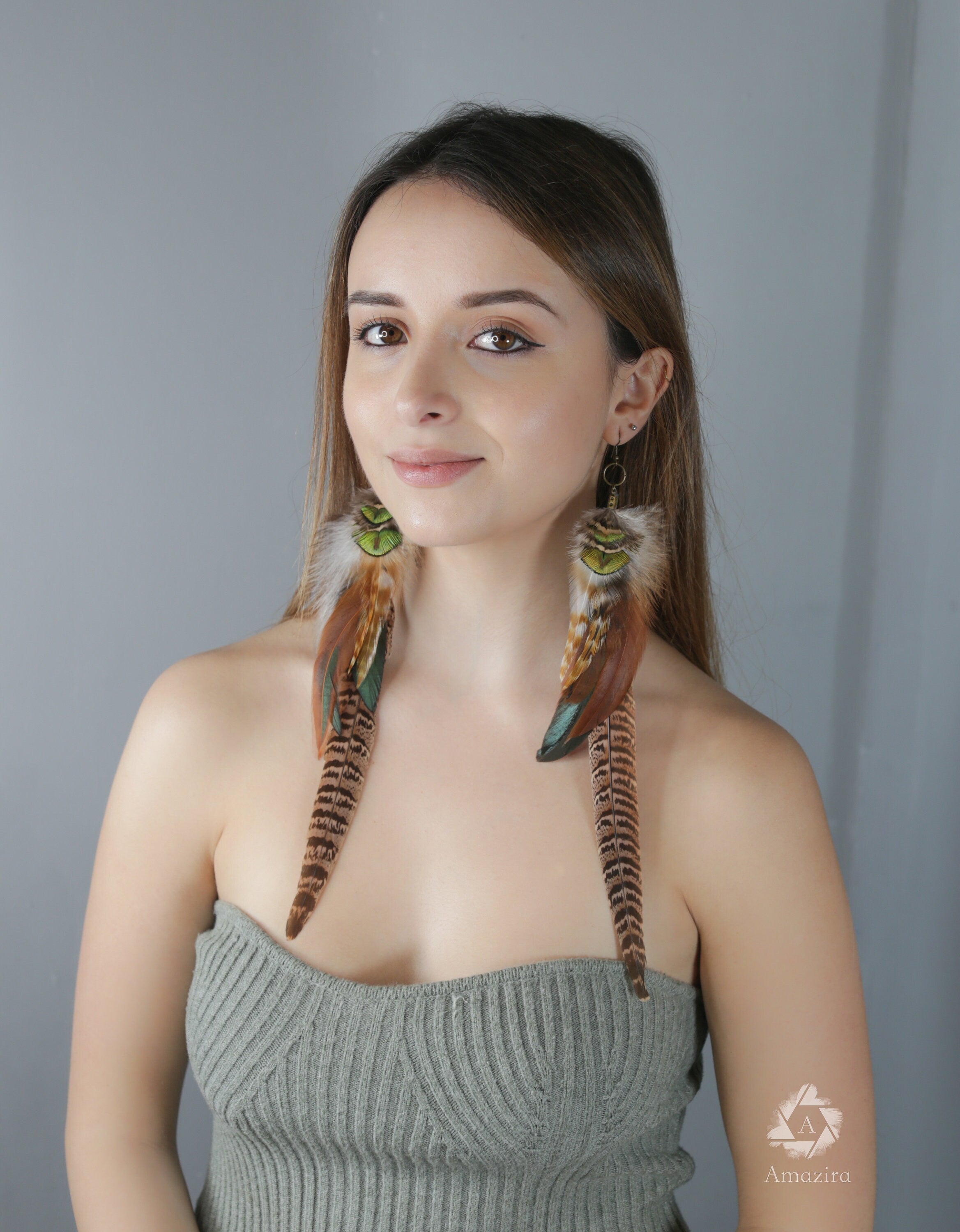 Extra long pheasant and peacock earrings