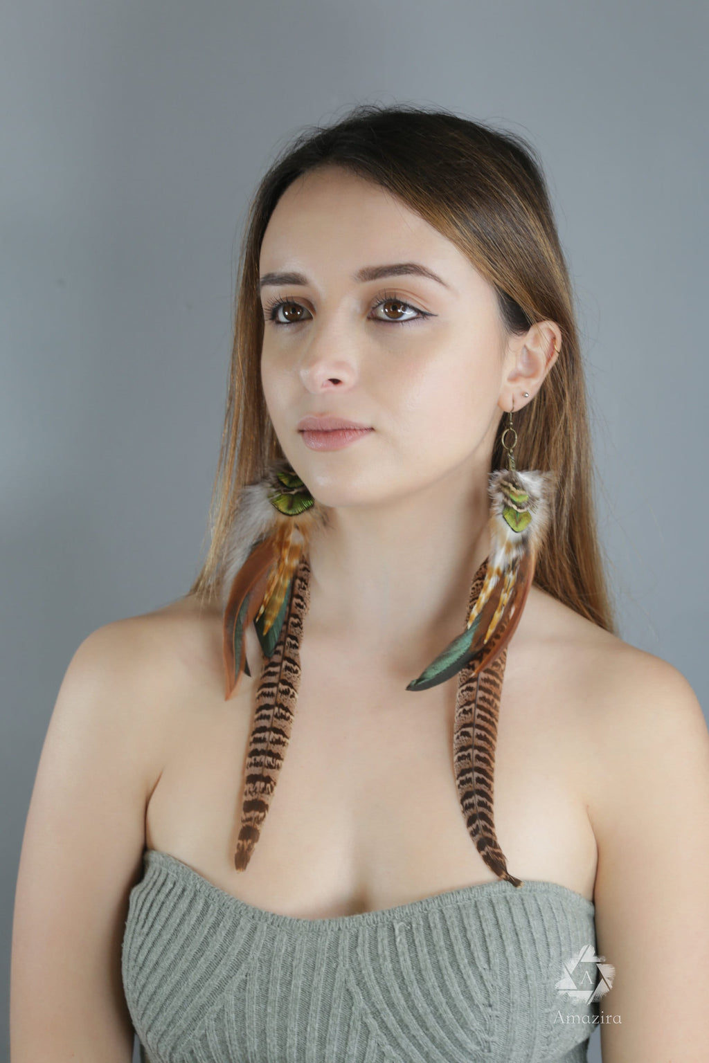 Extra long pheasant and peacock earrings