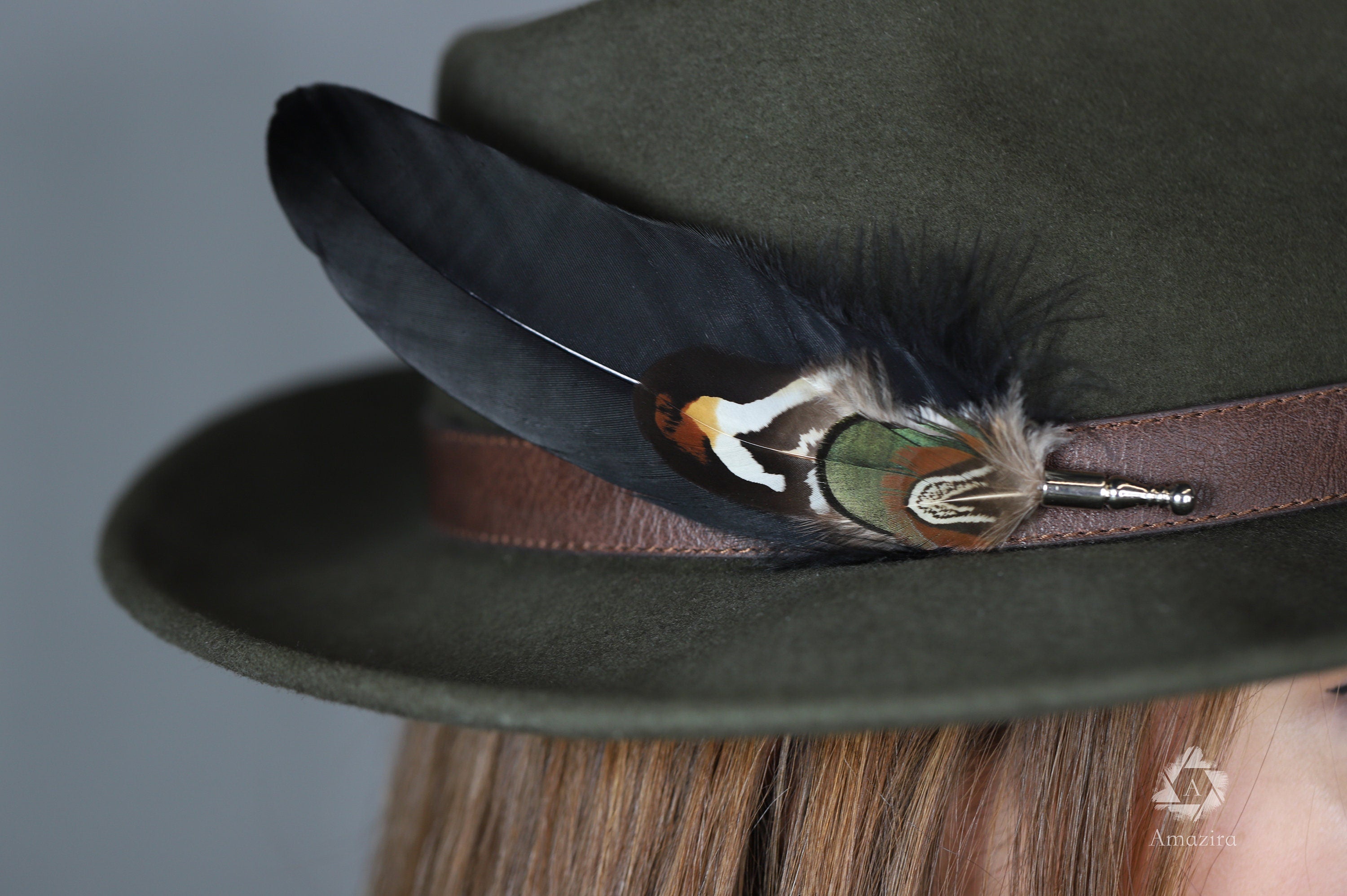 Large natural black Feather Hat pins